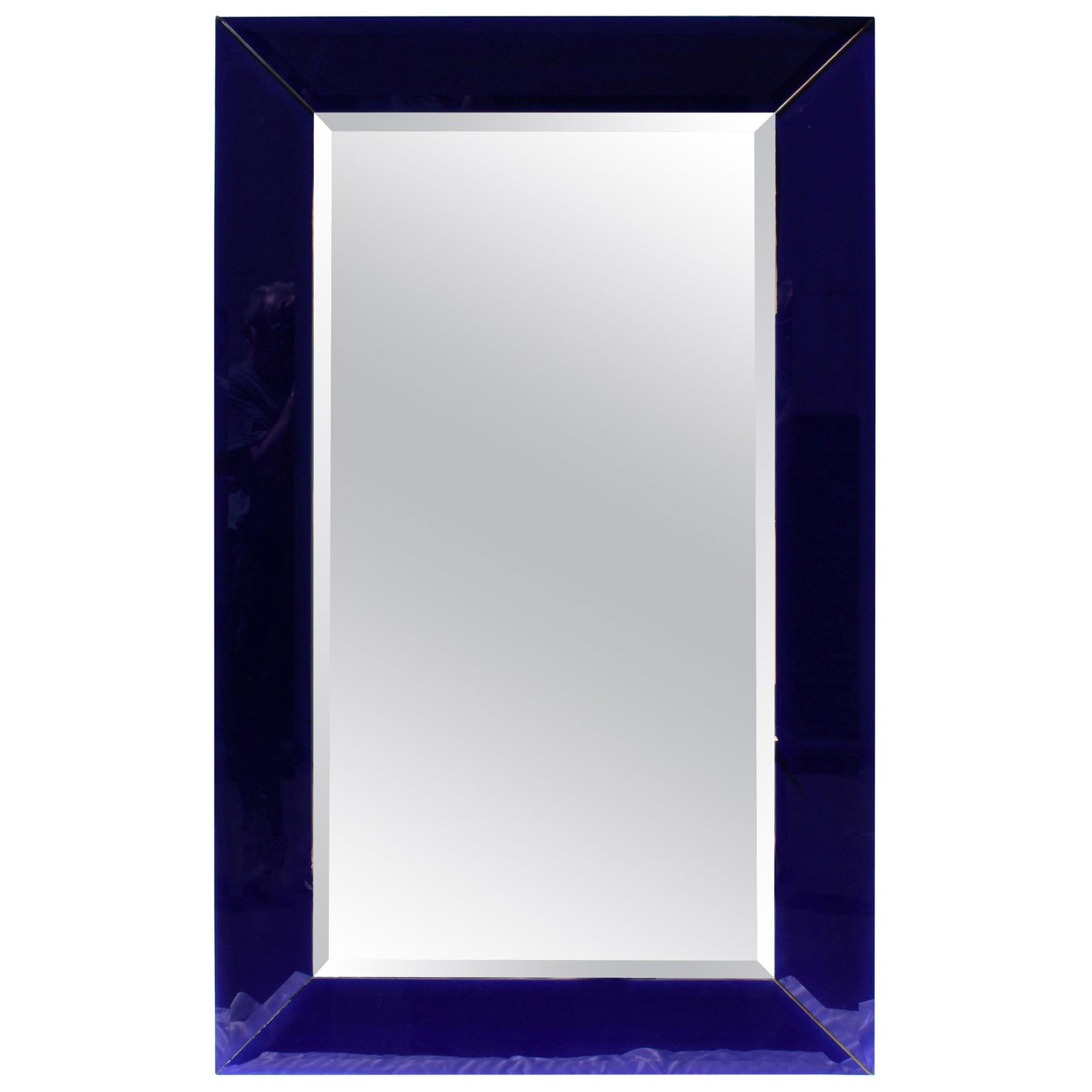 Mirror, Cobalt Blue, Mid-Century Modern, Beveled, Large Size, Custom Design: A Custom made Dark Cobalt blue glass from Germany, cut and beveled in both the frame and inner mirror. All mounted on large 38 x 64 HD wood frame. Has special steel brackets and cable for hanging.