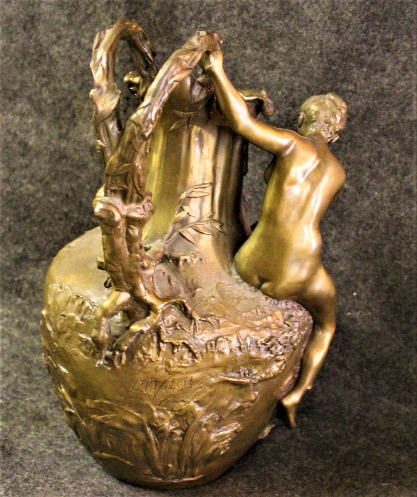 Art Deco Vase, Nude Pulling Net, Bronze Golder Patina, after Clr Vibert - 13