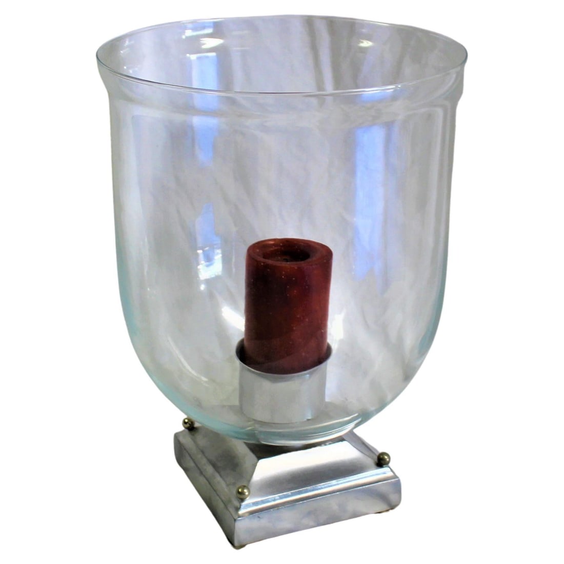 Mid Century Design Hurricane, Large: A Custom Designed and Custom made for a designer in Los Angeles. The square base is cast in bronze with a Silver painted finish. Mounted with round pad feet and decorated with small balls on each