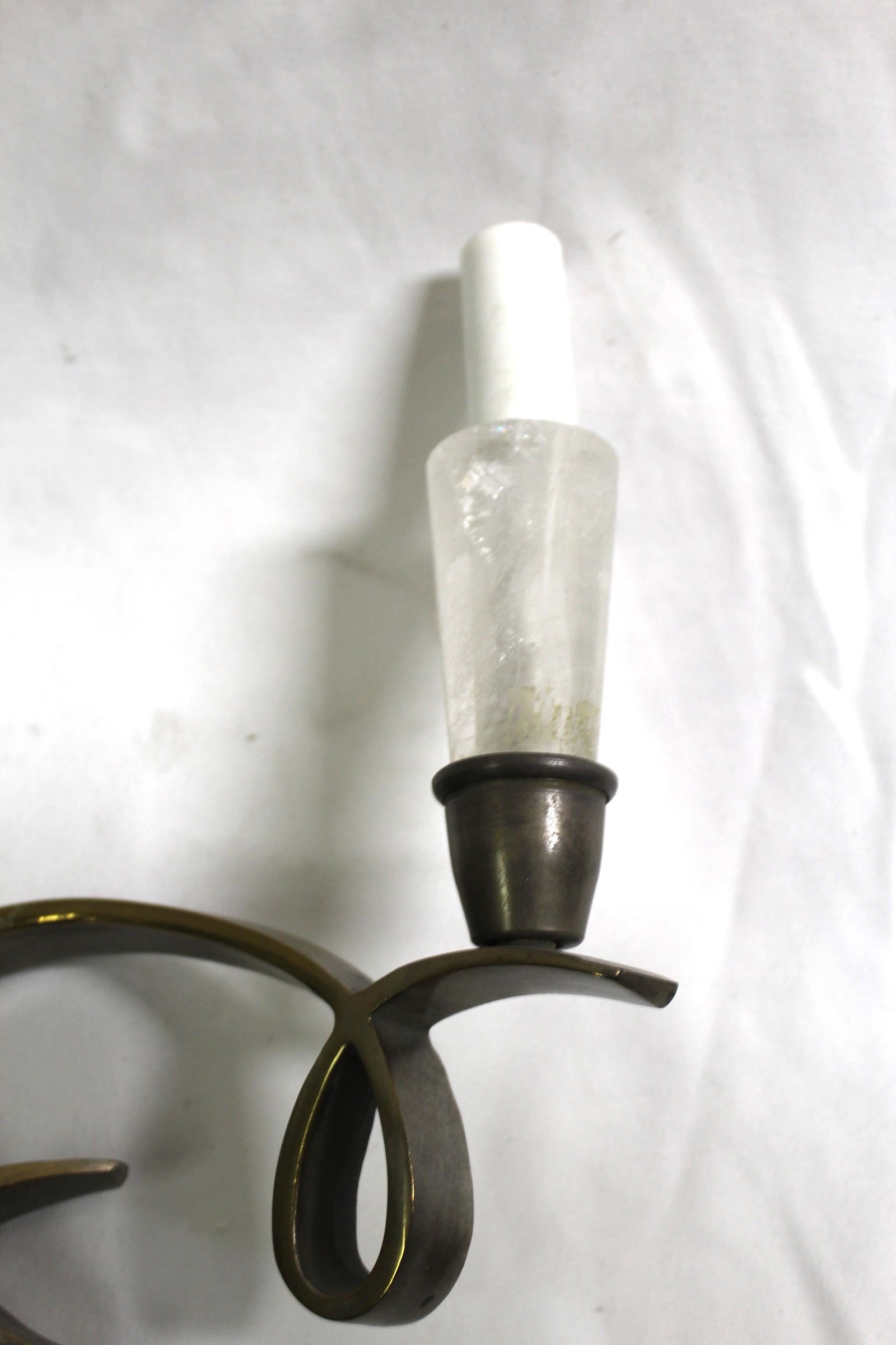 Art Deco Design Sconces, Bronze Pair Rock Crystal After Lelu - 10