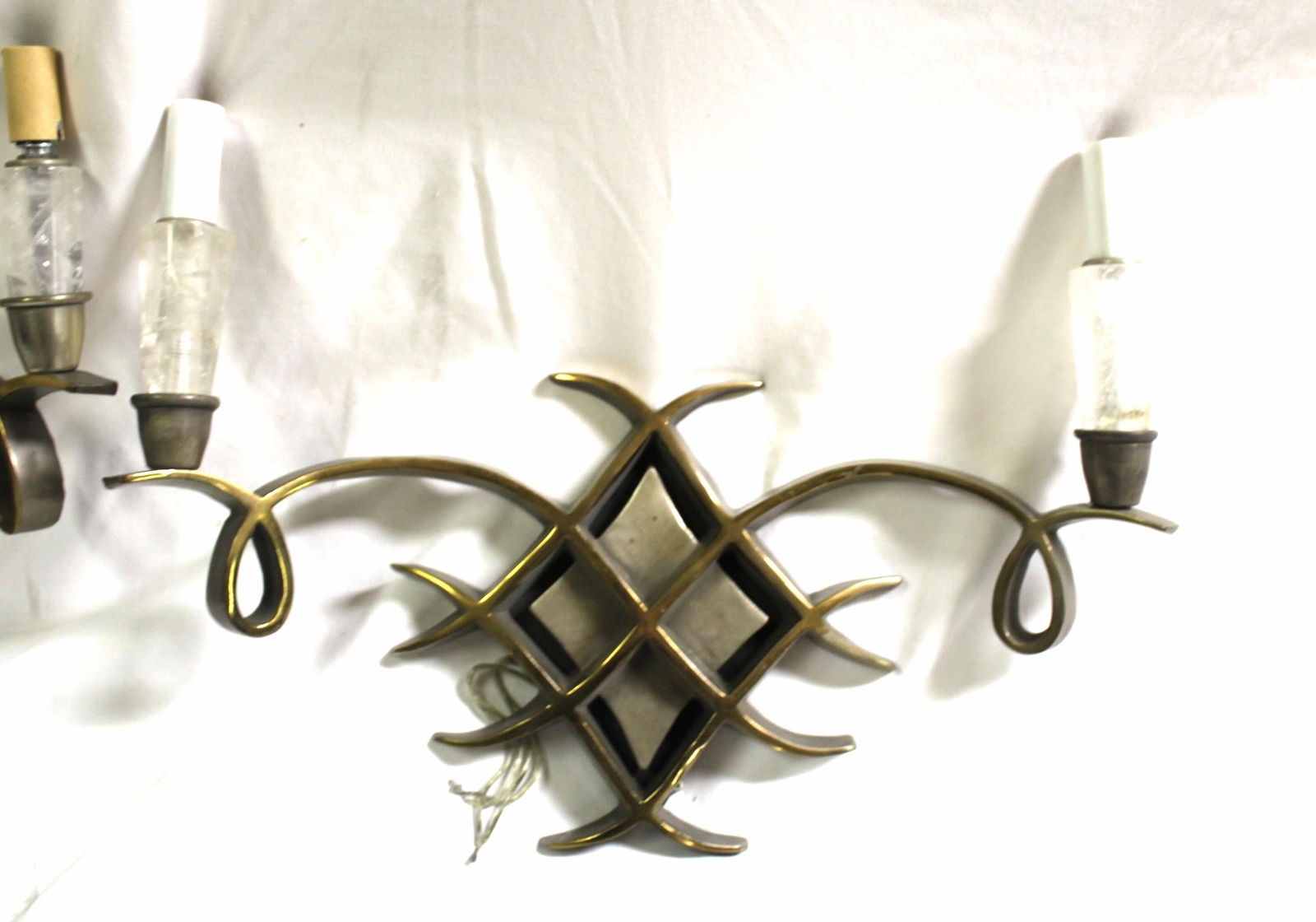 Art Deco Design Sconces, Bronze Pair Rock Crystal After Lelu - 8