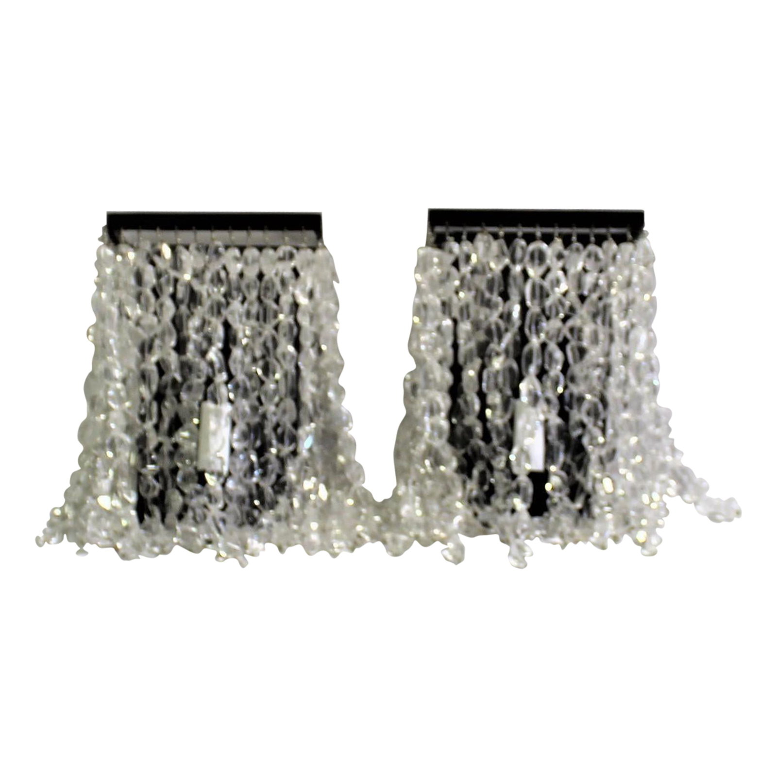 Mid Century /Modern Rock Crystal bead Sconces: Custom Designed and made for LA Lighting Designer. All brass frame with dark bronze patina. Rock crystal polished beads from Brazil Single candelabra socket. Sparkle when lit up. Sold as the pair