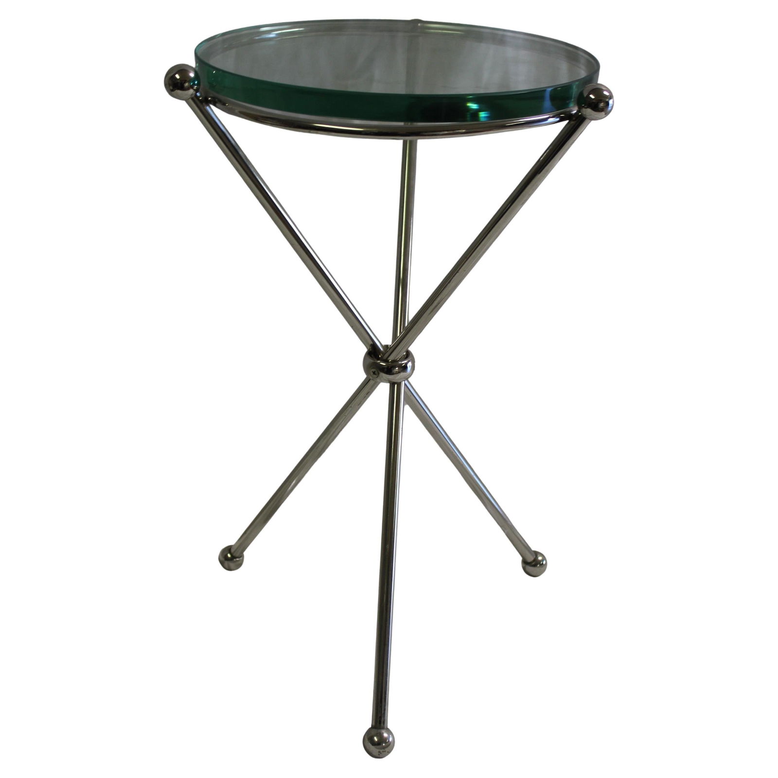 Mid Century/Art Deco Style Side Table .: A very unique design of a small side table in hi-polished metal with Antique Brass finish. Each leg has a ball at top to secure the 3/4" glass top in place . The center ring secures all 3 legs