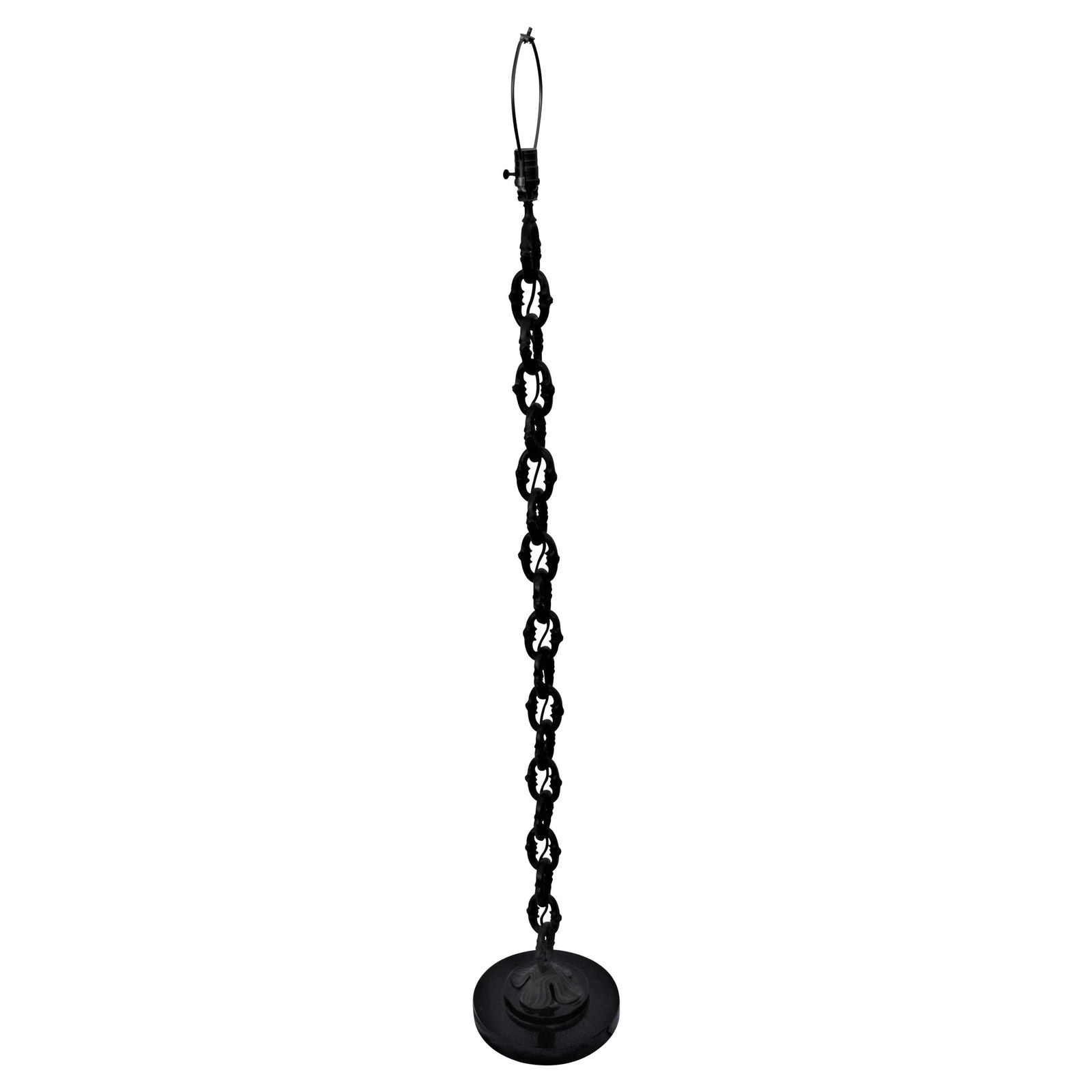 Chain Floor Lamp Bronze with Marble Base: Great looking welded chain links into a standing floor lamp. Solid absolute black marble base. Has a single brass socket and harp. No shade. Deco/modern designed for local lighting showroom. 
