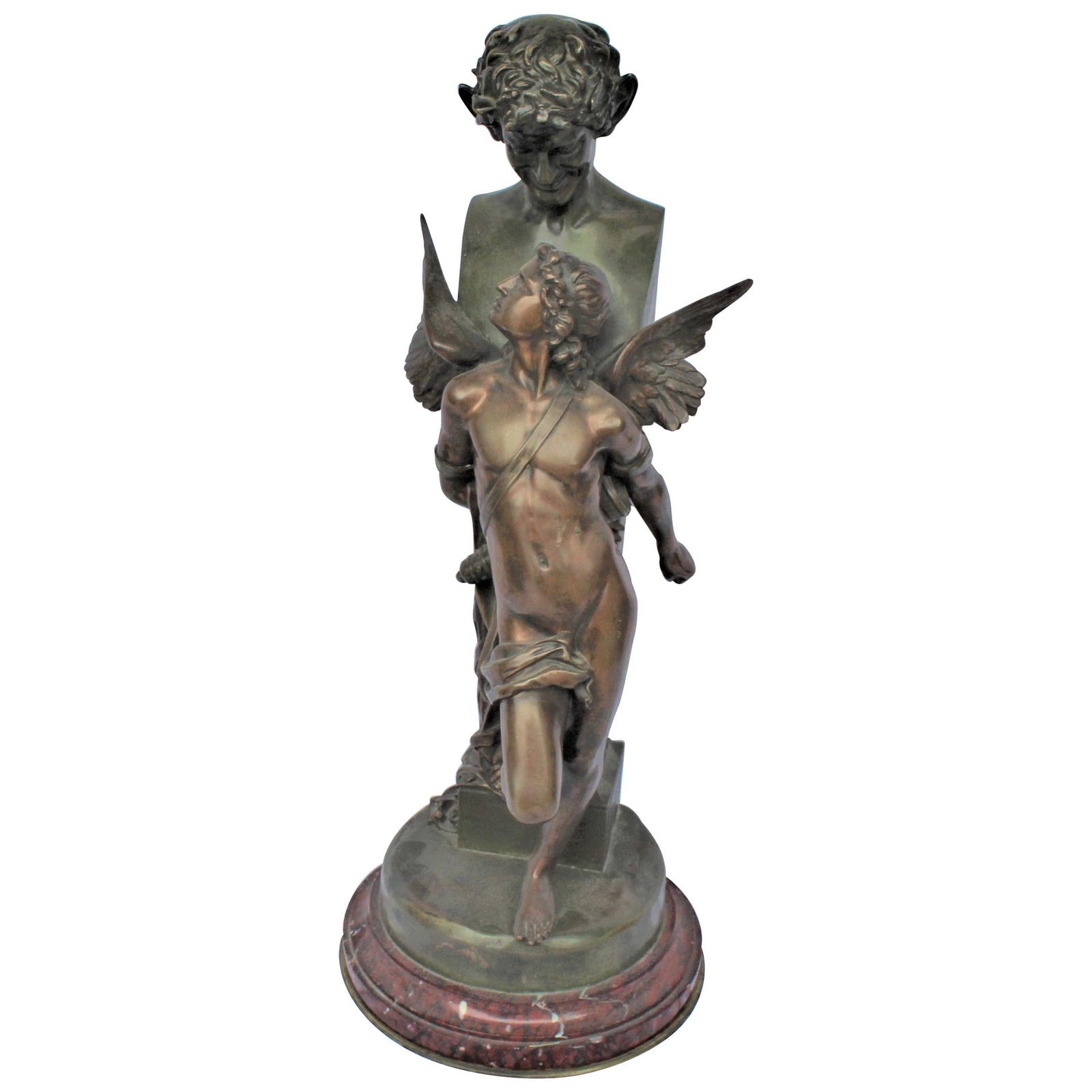 Bronze Sculpture, Double Figure, Antique, Signed F Sanzel Large: A large sculpture of angel in bondage held by the Devil image. Great patinas and mounted on red marble with brass bottom plate. Has the signature F. Sanzel on the side pillar. This is a good size