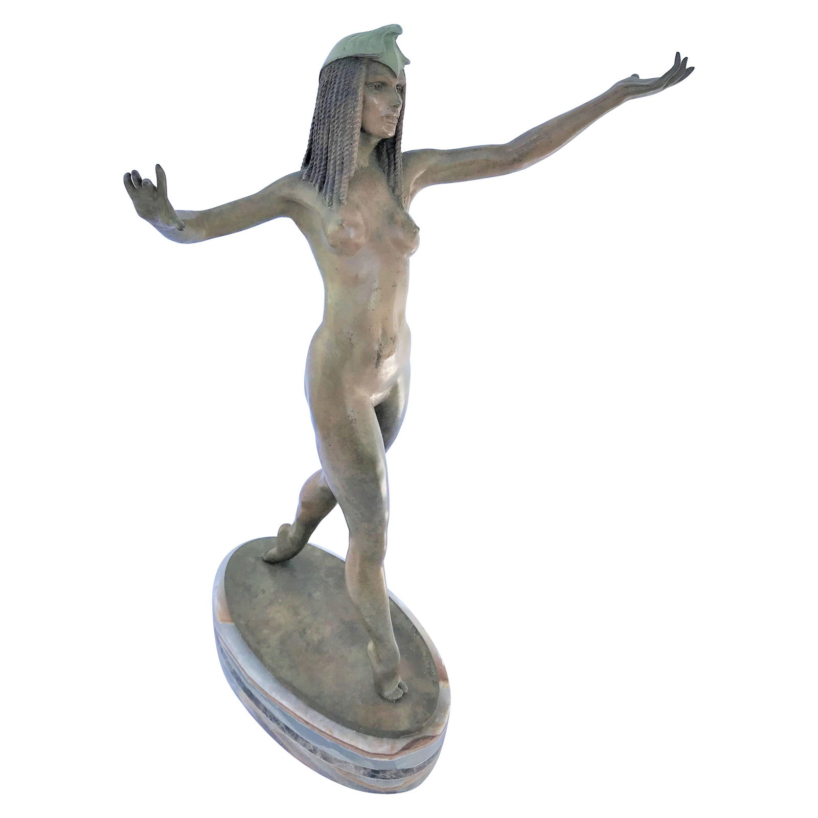 Mid-Century Modern /Deco Nude Bronze of Cleopatra: A very fine model of Cleopatra cast in bronze with multi-patinas. Mounted on an oval marble base bears the signature of the Artist ( M Turner ) on the base plate. Not many of these ever made and rare