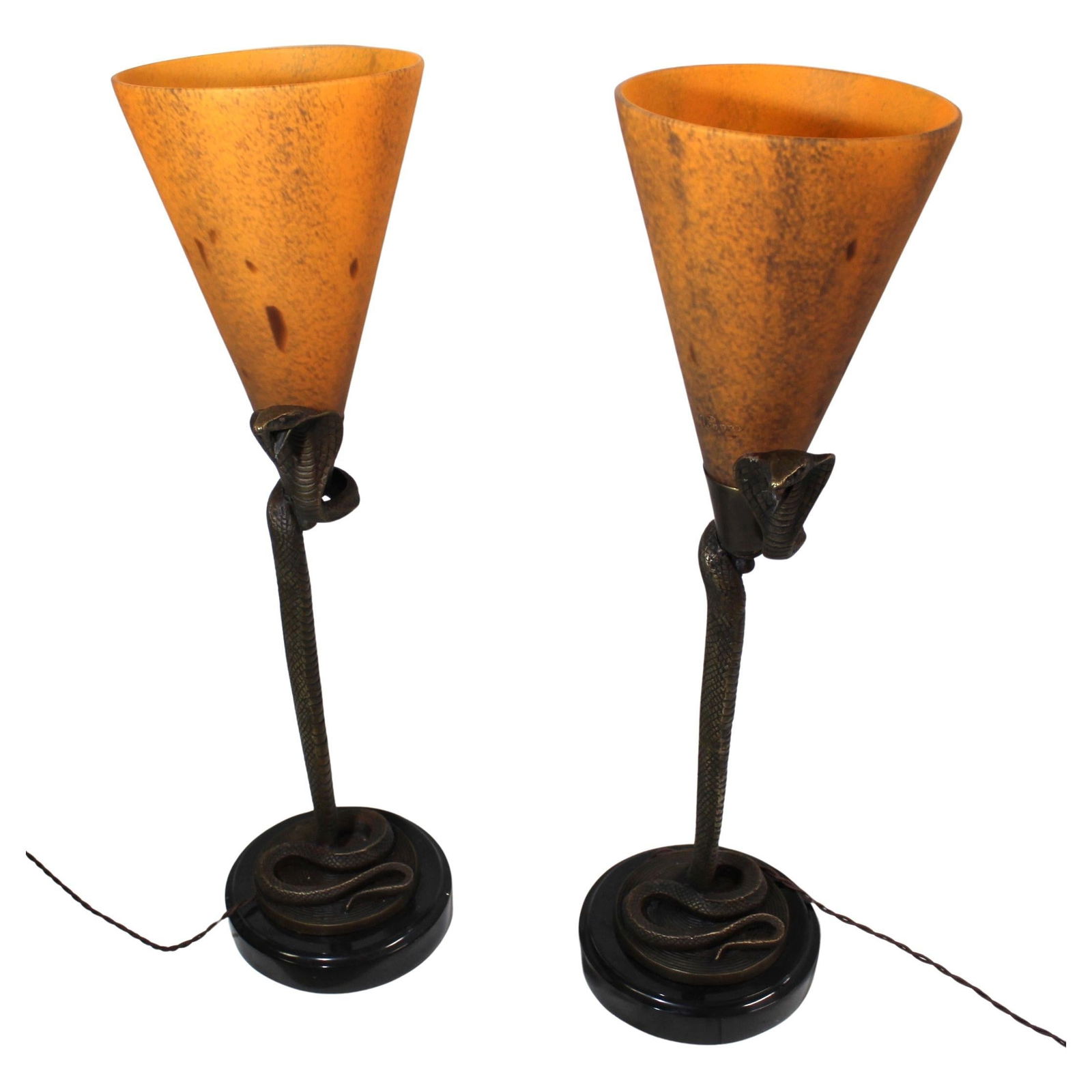 Art Deco Style , Modern , Snake Lamps , Bronze Pair: This size of the Snake Lamps designed by ( E. Brandt ) has not been seen in many years . Another one of his most popular Sculpturers ever seen . Cast after the designer in lost wax Bronze and mounted