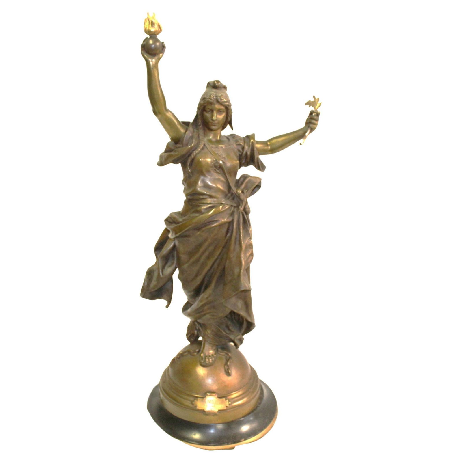 Art Nouveau Antique Lady Bronze 19th Century Large: An original nouveau bronze signed and listed with Hors-Concours on the base. The artist had won Honors at the Paris show for this one. By the Artist (Augusta Paris) on the base. Great Patina Great