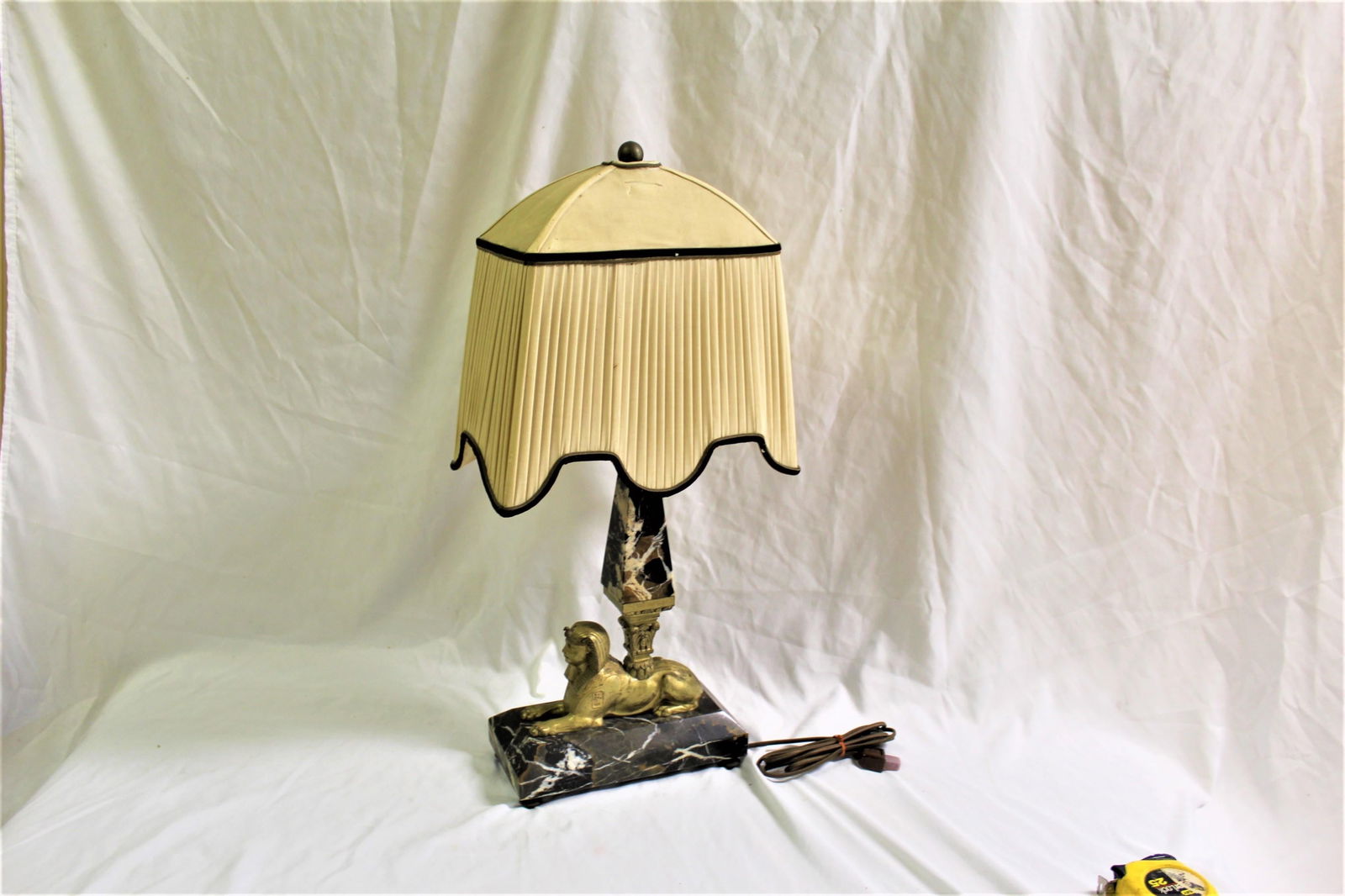 Lamp, Orignal Egyptian Revival, Sphynx, Tent Shade, Orignal Marble Base - 14