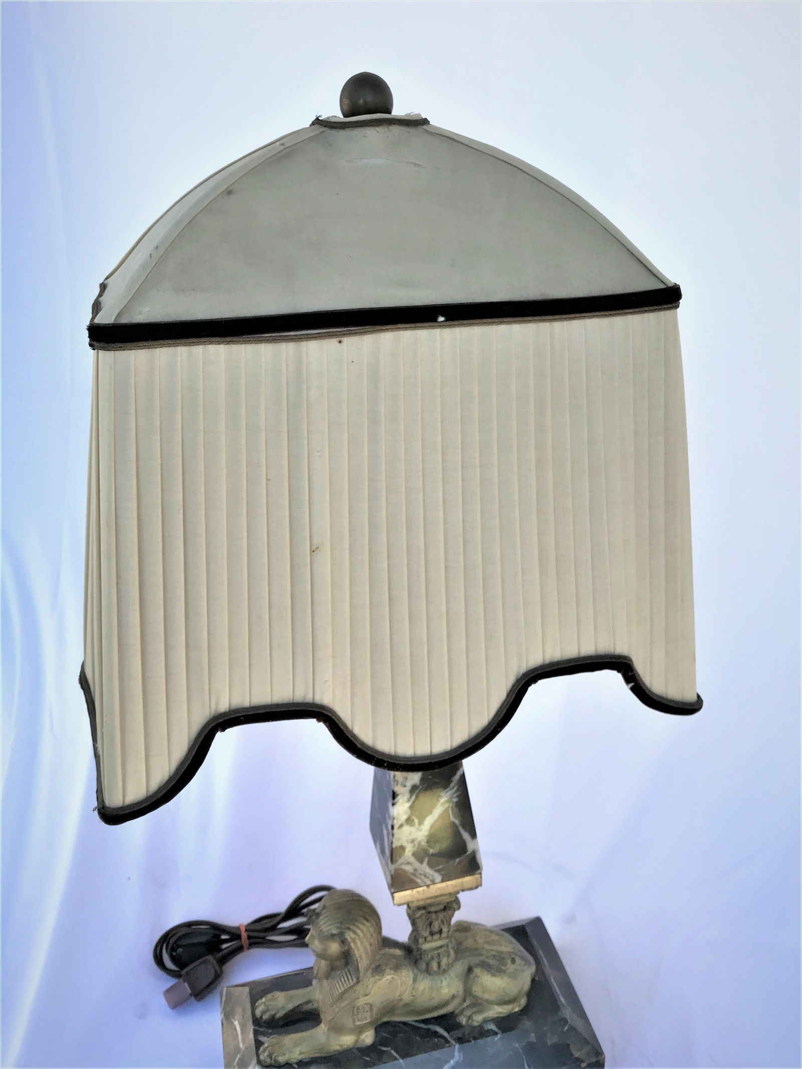 Lamp, Orignal Egyptian Revival, Sphynx, Tent Shade, Orignal Marble Base - 20