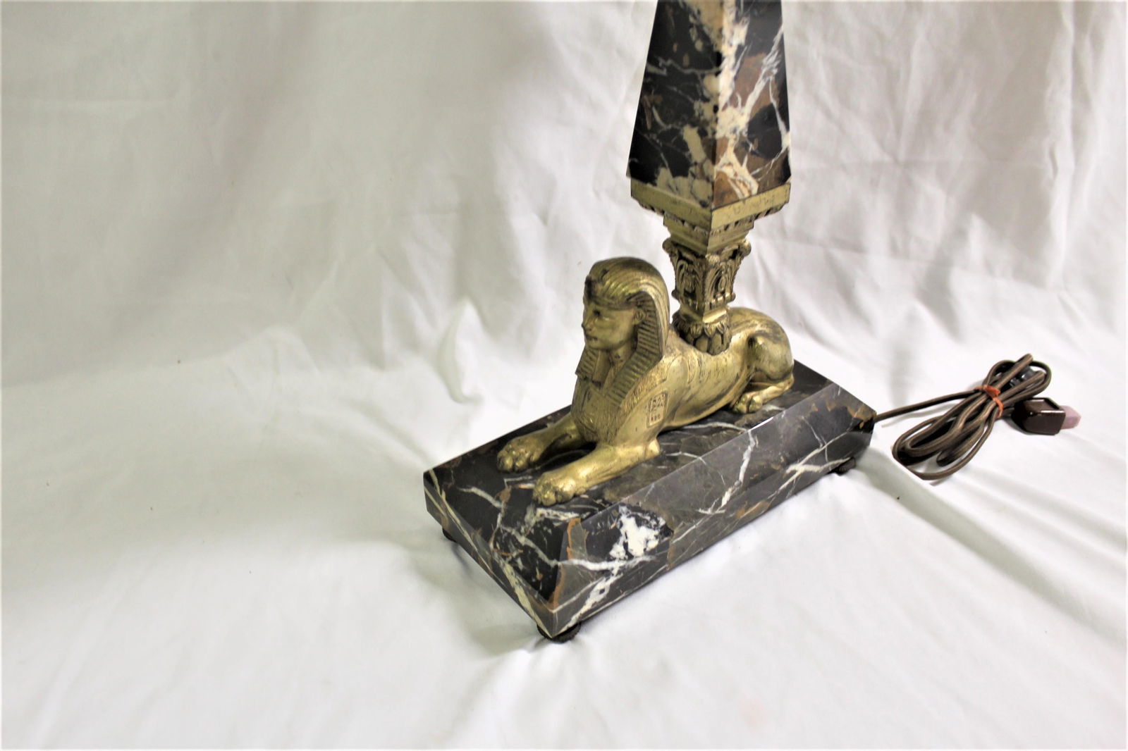 Lamp, Orignal Egyptian Revival, Sphynx, Tent Shade, Orignal Marble Base - 6