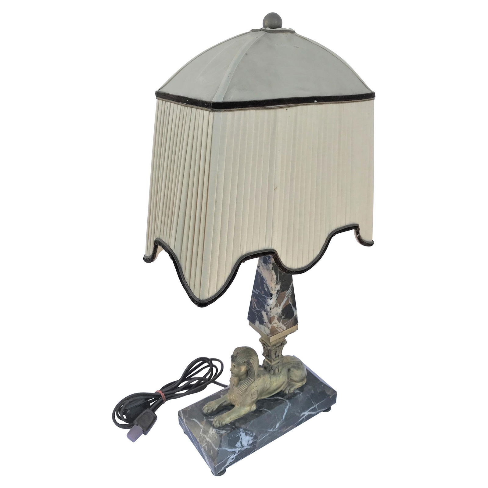 Lamp, Orignal Egyptian Revival, Sphynx, Tent Shade, Orignal Marble Base - 7