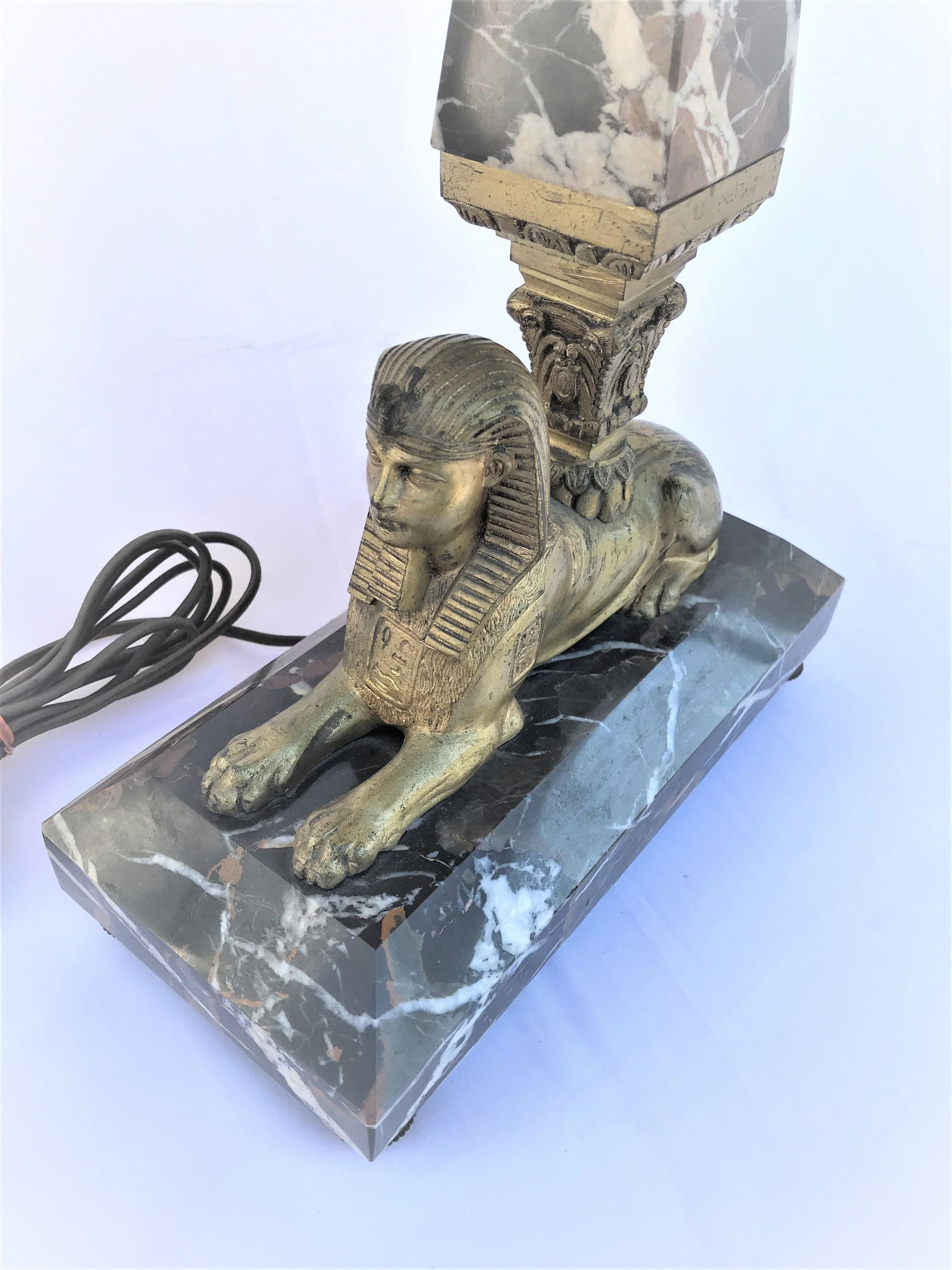 Lamp, Orignal Egyptian Revival, Sphynx, Tent Shade, Orignal Marble Base - 9