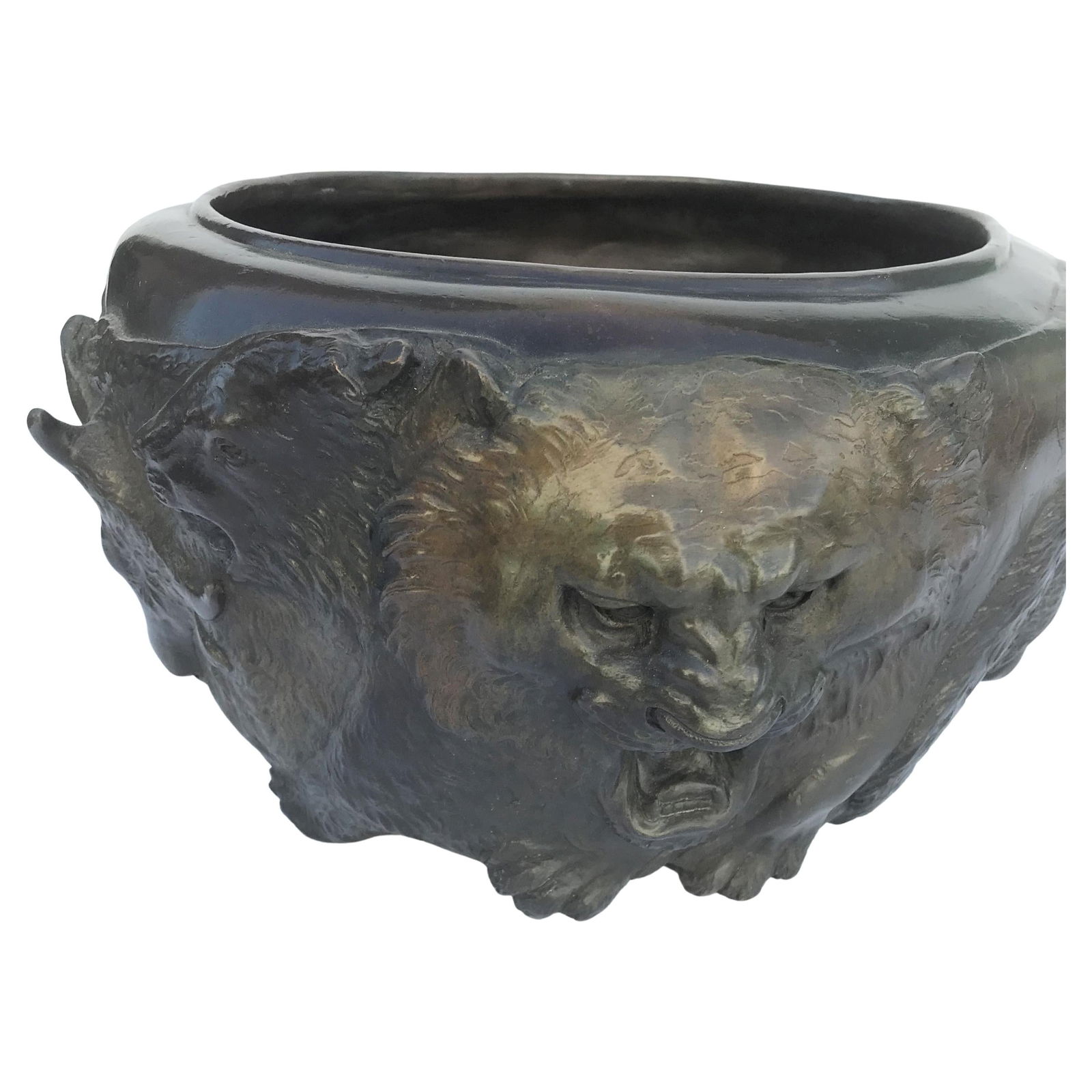 Animal Bowl Bronze Cast Multi-Patina from Original Japanese Lion Face