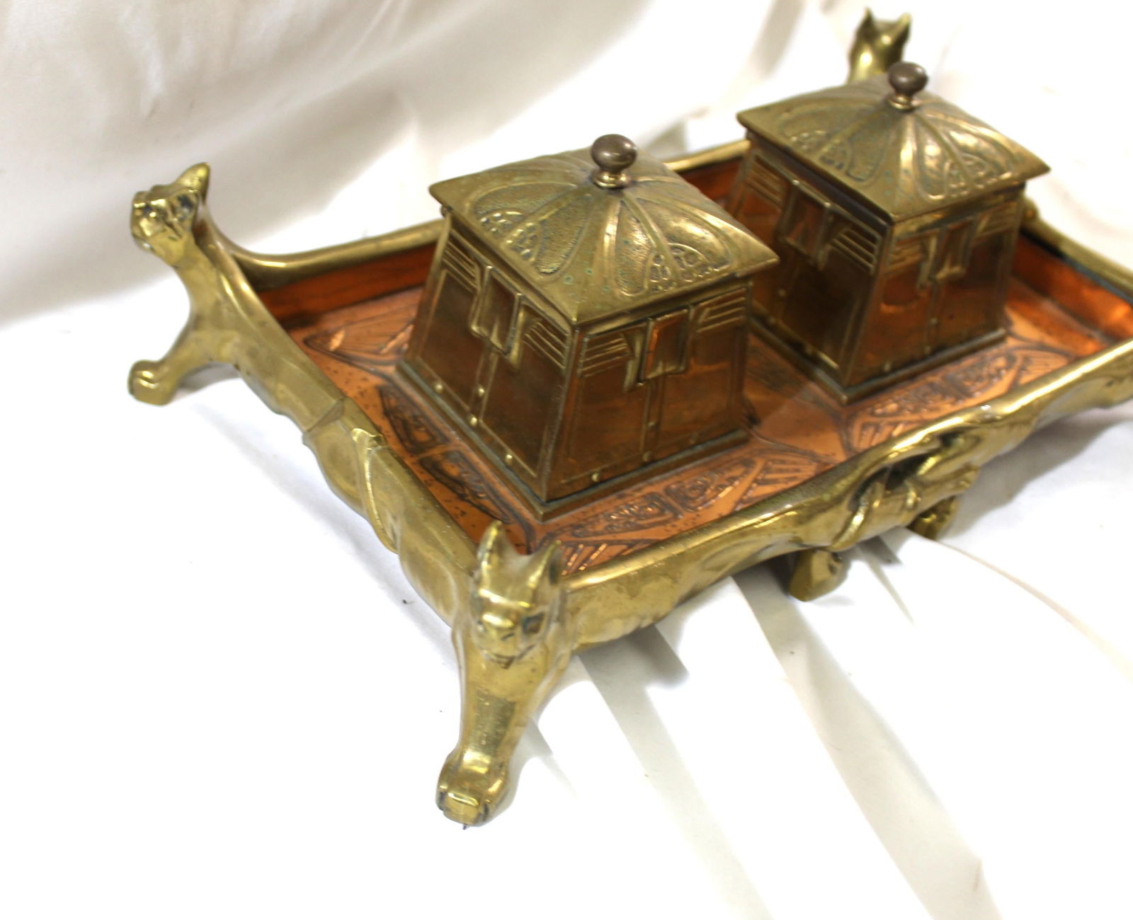 Original Art Nouveau Brass & Copper Ink well set circa 1900 - 18