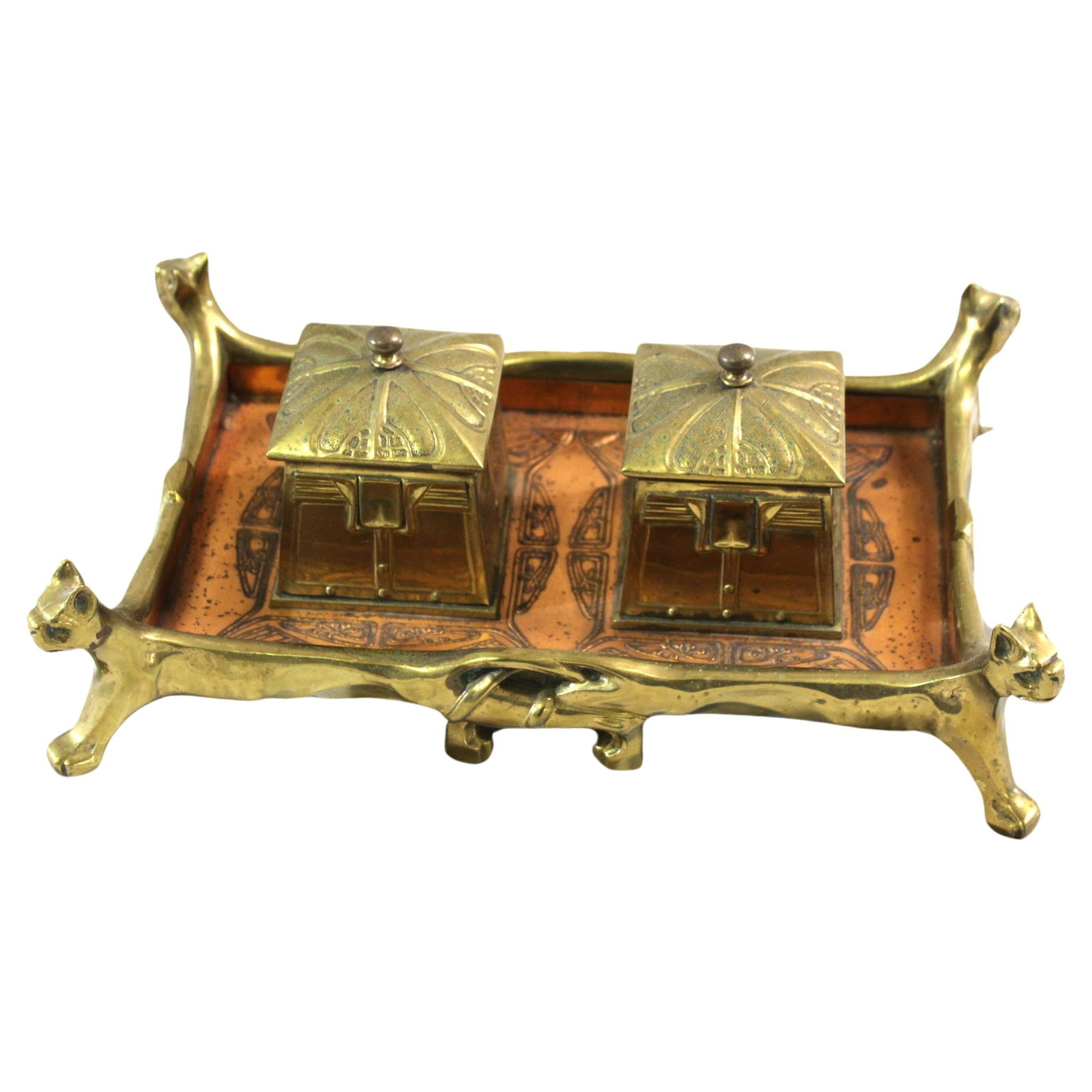 Original Art Nouveau Brass & Copper Ink well set circa 1900 (1 of 20)