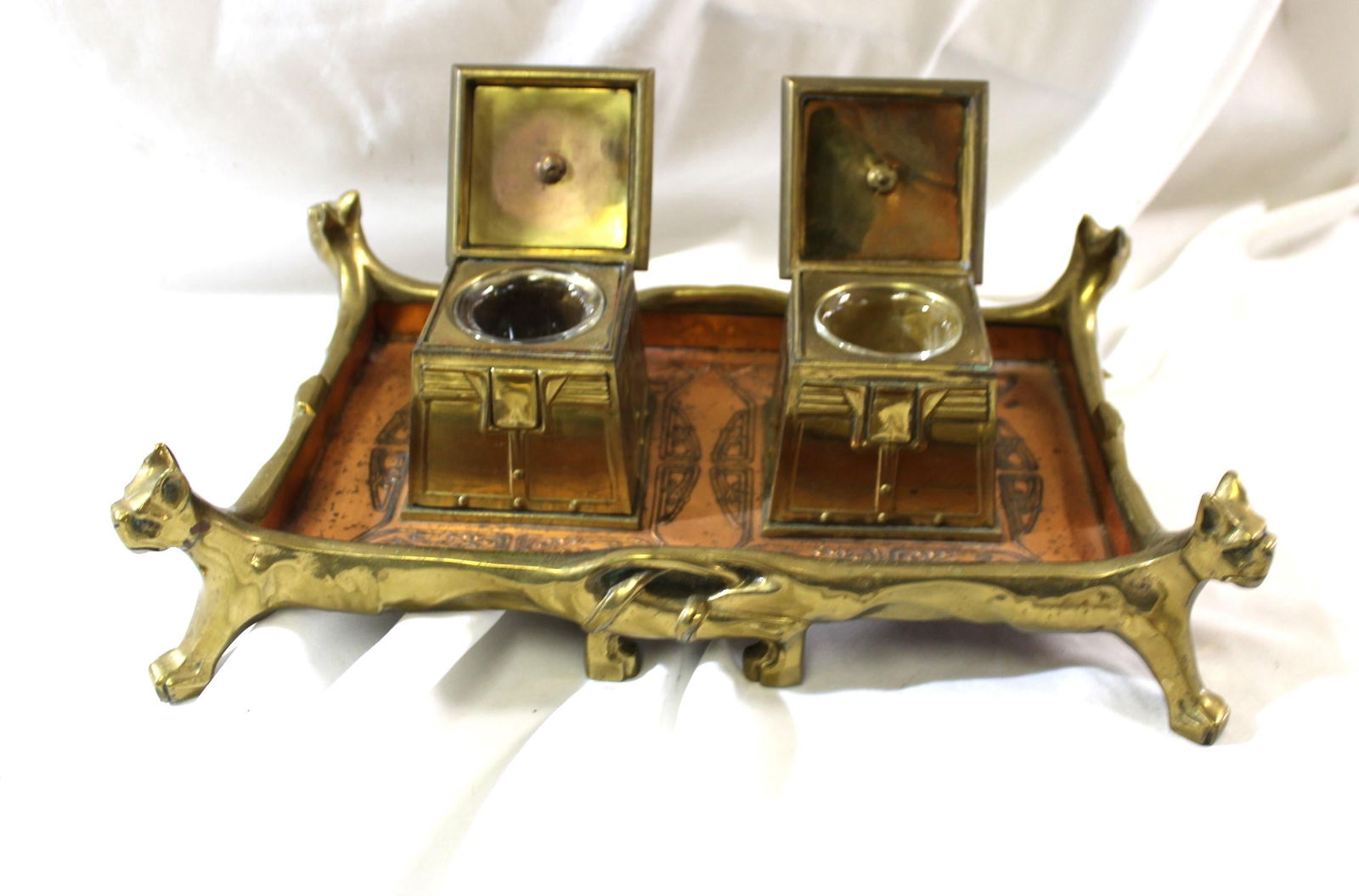 Original Art Nouveau Brass & Copper Ink well set circa 1900 - 3