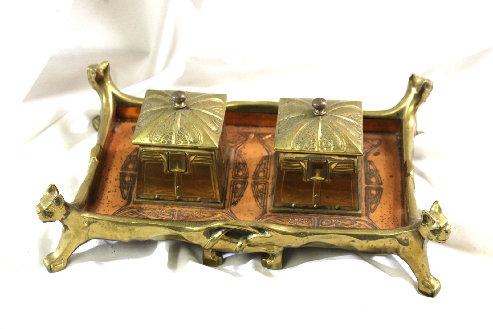 Original Art Nouveau Brass & Copper Ink well set circa 1900 - 6