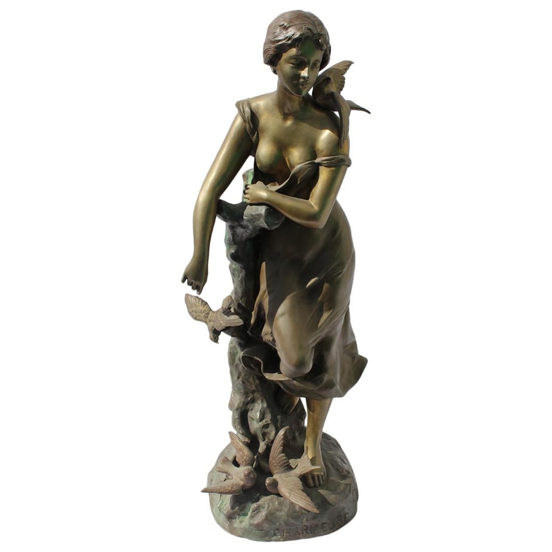 Antique Bronze Lady Figurine, Signed Champagne, Lg Title Charmeise circa 1900: An Antique large size bronze figurine of a girl with birds. Multi-patinas and signed and title by the Artist ( Champagne Sr.) Heavy piece. Total height is 30" and base is 12" wide. From a private