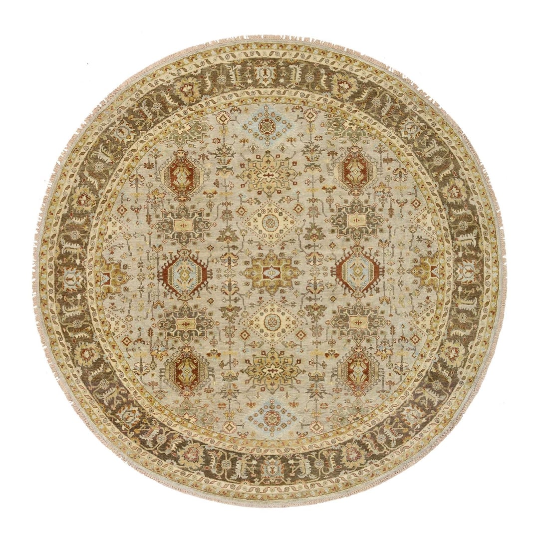 Light Gray Karajeh Design Pure Wool Hand Knotted Oriental Round Rug: Title: Light Gray Karajeh Design Pure Wool Hand Knotted Oriental Round Rug Description: This is a truly genuine one-of-a-kind. It has been Knotted for months and months in the centuries-old weaving cr