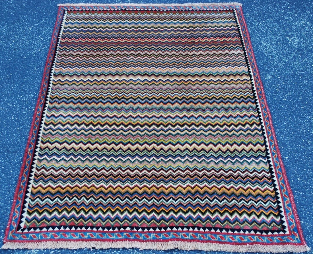 PERSIAN SHIRAZ RUG 3' 2" X 4' 9": Title:PERSIAN SHIRAZ RUG 3' 2" X 4' 9" Description:OLD, ANTIQUE DETAILED TRUE BEAUTY COLORFUL NOMADIC AUTHENTIC HAND KNOTTED Persian SHIRAZ GABBEH RUG with exact size of 3' 2" X 4' 9" RARE