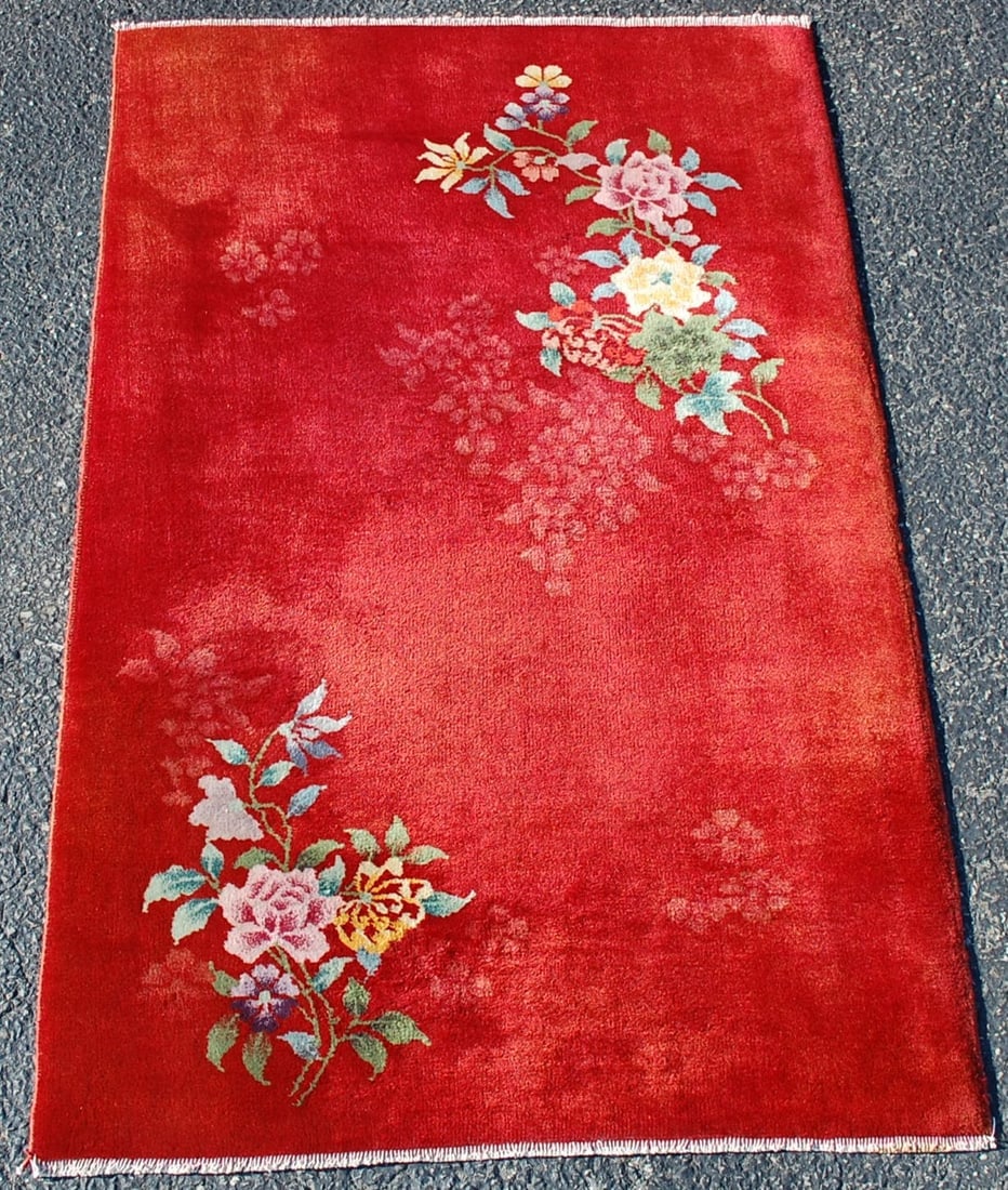CHINESE RUG 4'2" x 6'9": Title:CHINESE RUG 4'2" x 6'9"Description:OLD,ANTIQUE ART DECO CHINESE RUG with exact size of 3'x4'8"......Condition is Perfect healthy soft even pile as shown in photos....feels very soothing under