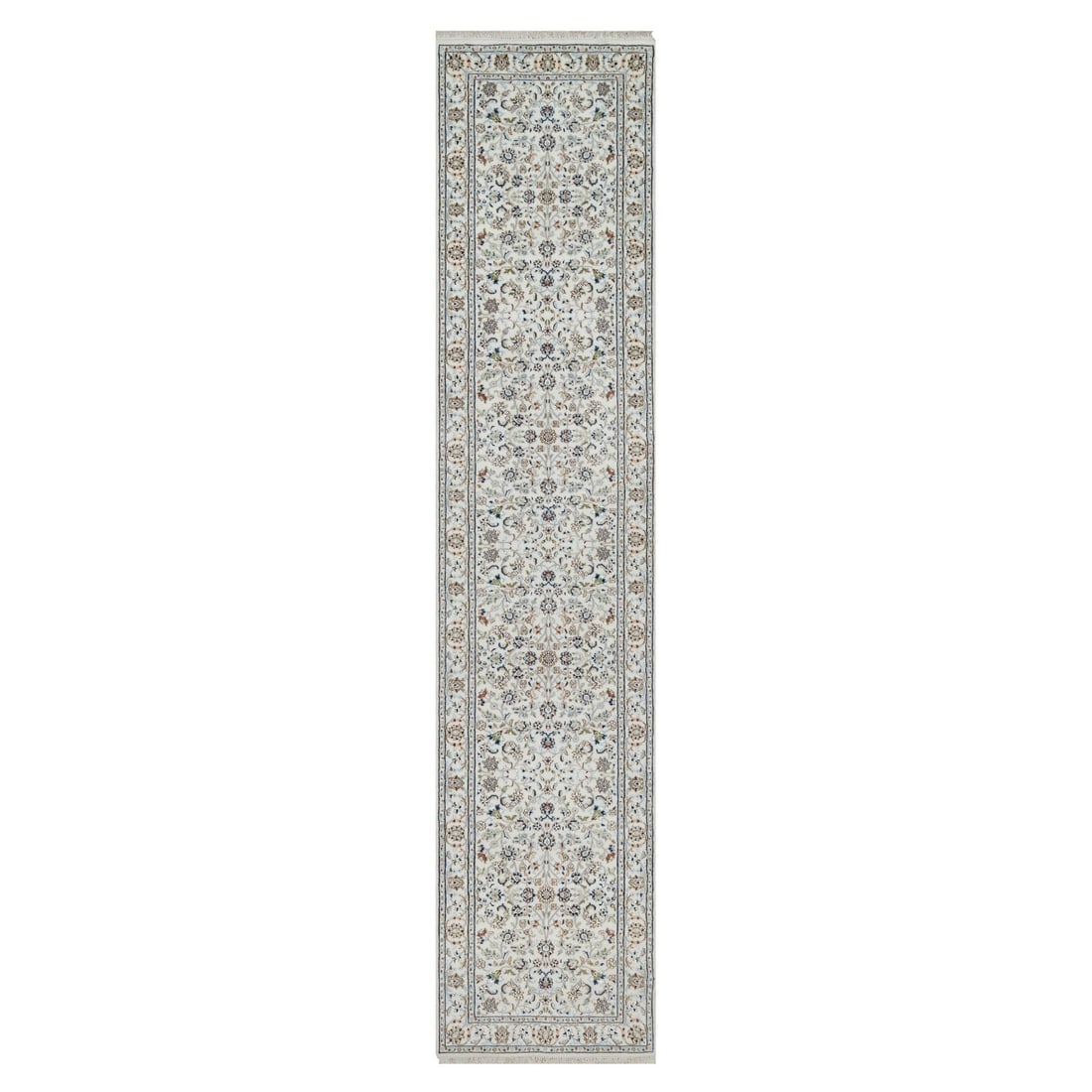 White Nain with Floral Design Wool and Silk Hand Knotted Runner Rug (1 of 8)