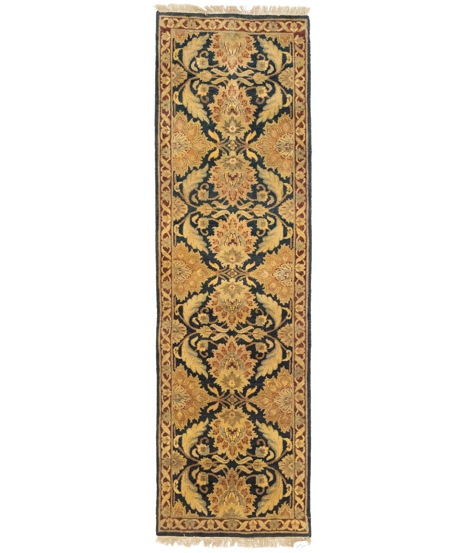 Dark Gray Floral Classic 3X12 Agra Jaipur Oriental Runner Rug: Title: Dark Gray Floral Classic 3X12 Agra Jaipur Oriental Runner RugDescription:Handmade 3X12 Dark Gray oriental runner rug made with vegetable dyes (fine wool pile and cotton foundation),