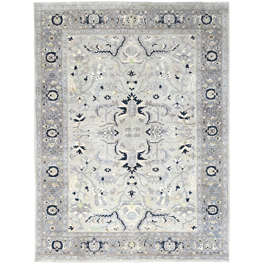 Gray, Afghan Peshawar with Serapi Heriz Design, Wool Hand Knotted Rug: Title: Gray, Afghan Peshawar with Serapi Heriz Design, Wool Hand Knotted Rug Description: This is a truly genuine one-of-a-kind. It has been Knotted for months and months in the centuries-old weaving