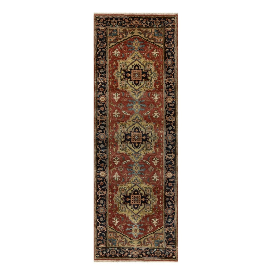 Red Heriz Revival with Medallion Design Hand Knotted Wool Runner Rug (1 of 8)
