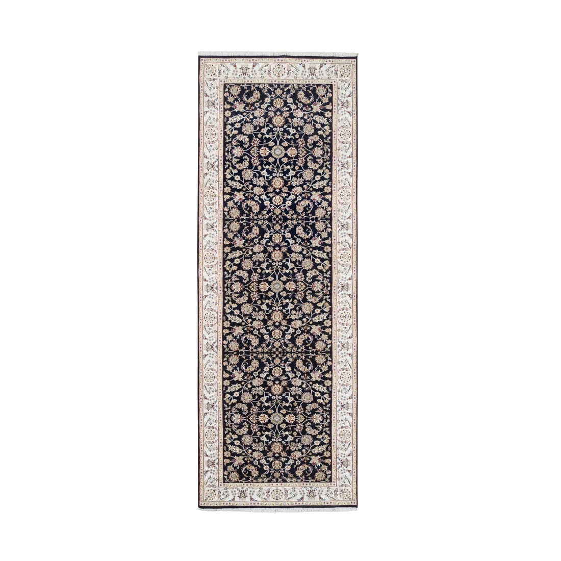 Midnight Blue Wool Hand Knotted Nain Flower Design Fine Runner Rug: Title: Midnight Blue Wool Hand Knotted Nain Flower Design Fine Runner Rug Description: This is a truly genuine one-of-a-kind. It has been Knotted for months and months in the centuries-old weaving cra
