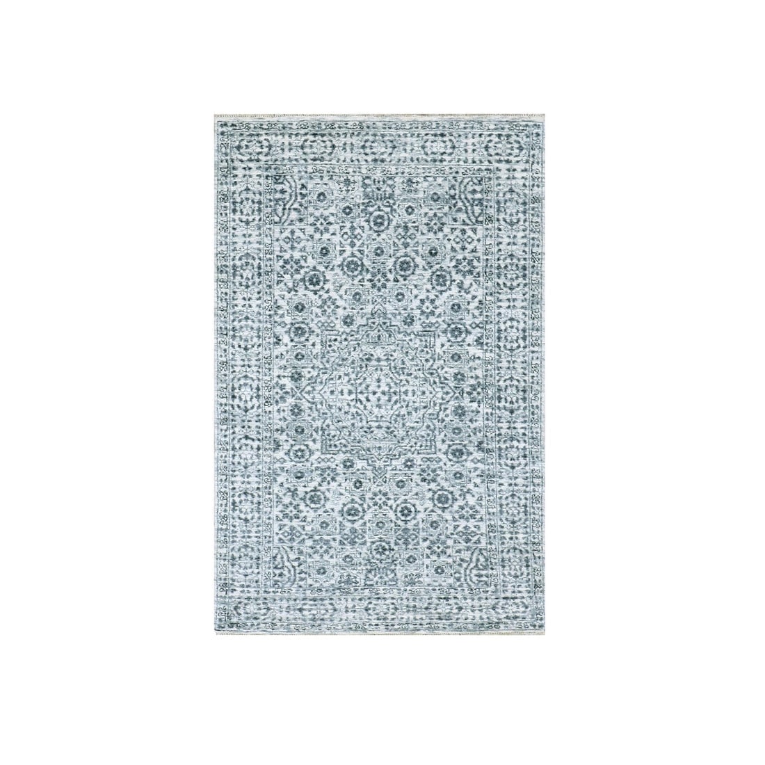 Azureish White, Hand Knotted, Mamluk Design, Tone on Tone Design, Undy: Title: Azureish White, Hand Knotted, Mamluk Design, Tone on Tone Design, UndyDescription: This is a truly genuine one-of-a-kind. It has been Knotted for months and months in the centuries-old weaving