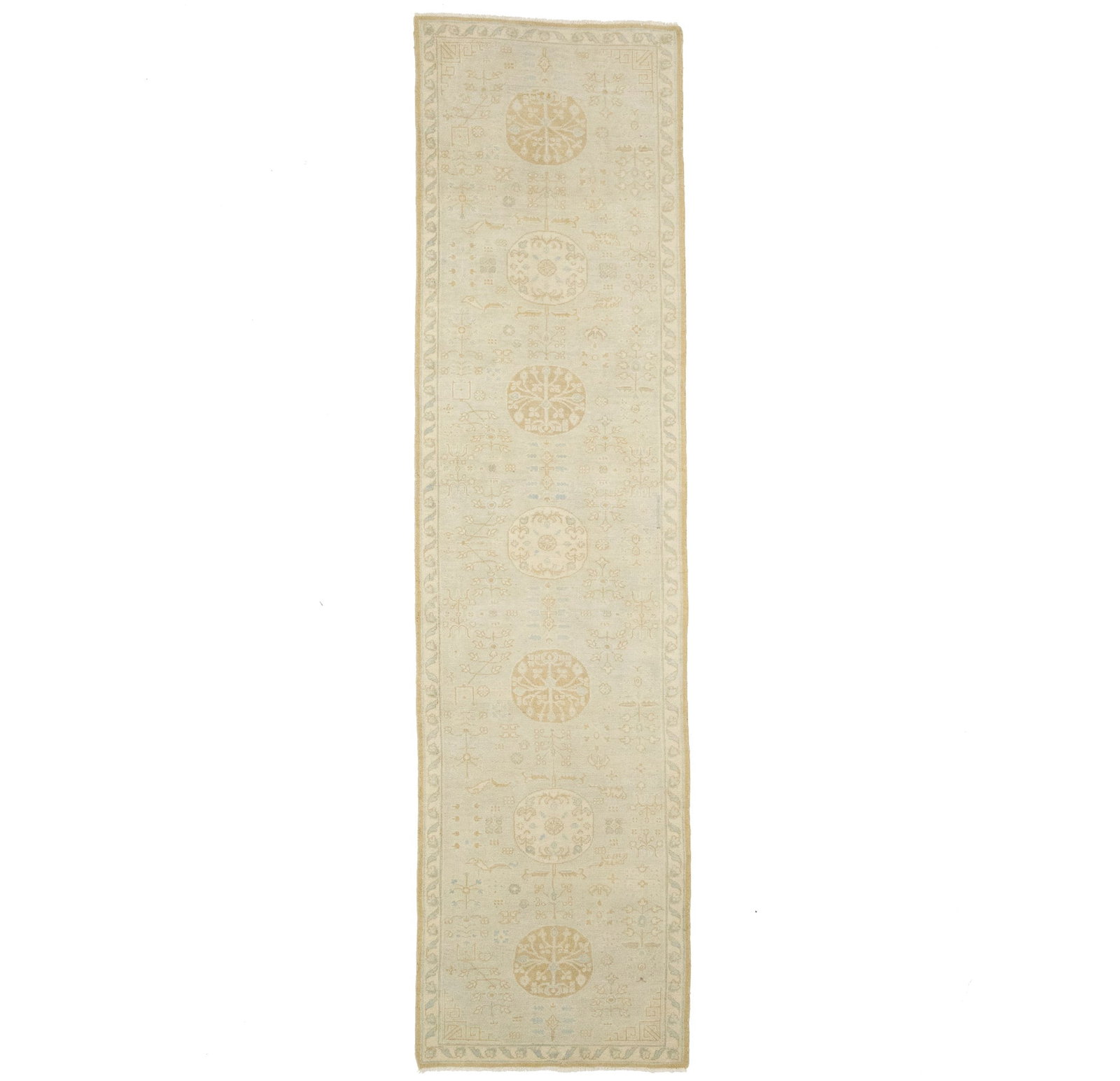 Cream Floral Oushak 3X11'5 Turkish Oriental Runner Rug: Title: Cream Floral Oushak 3X11'5 Turkish Oriental Runner RugDescription:Handmade 3X11'5 Cream runner made with vegetable dyes (fine wool pile and cotton foundation), superior knot count, and