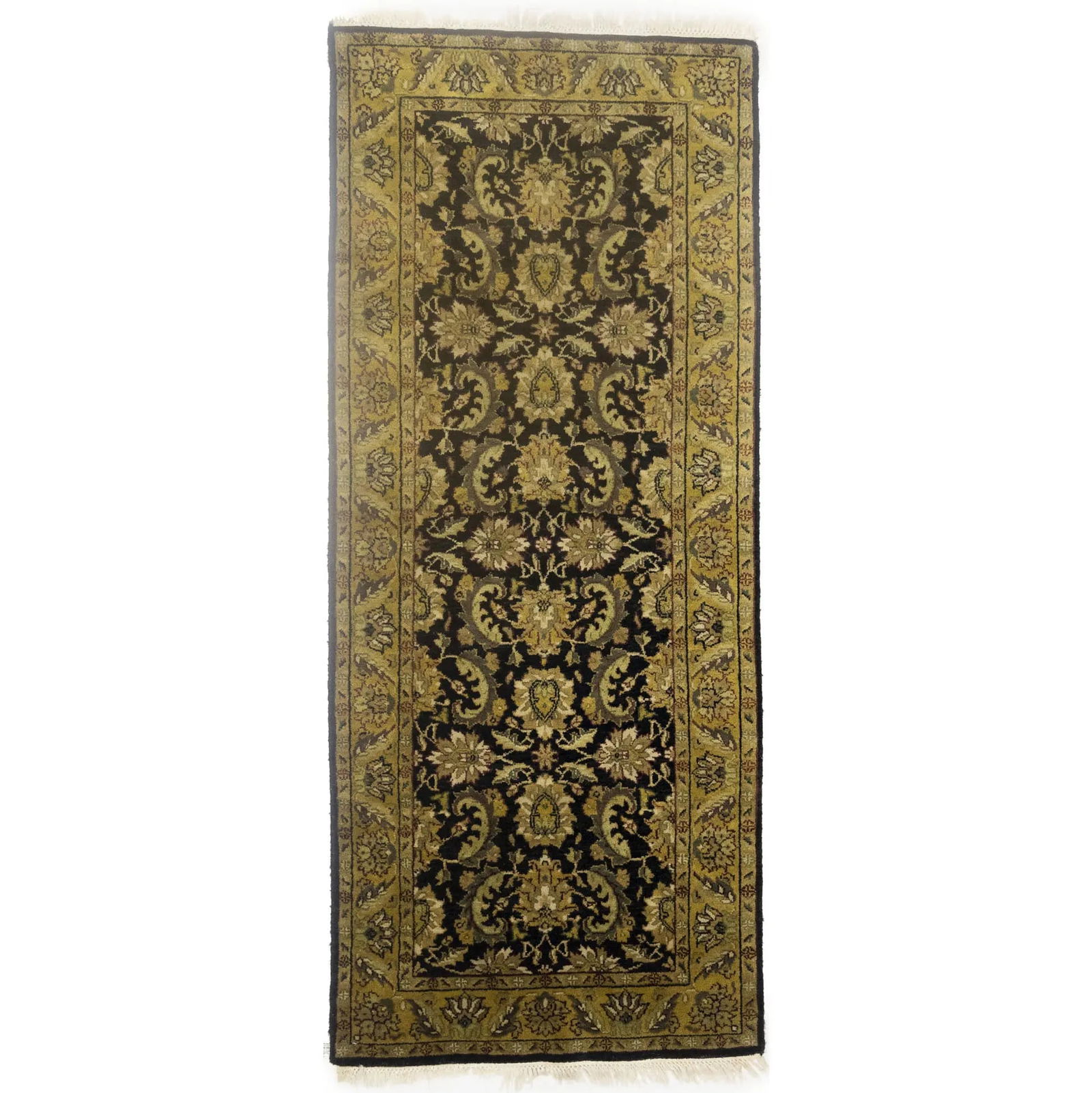 Black Floral Classic 3X8 Agra Jaipur Oriental Runner Rug: Title: Black Floral Classic 3X8 Agra Jaipur Oriental Runner RugDescription:Handmade 3X8 Black oriental runner rug made with vegetable dyes (fine wool pile and cotton foundation), exceptional knot
