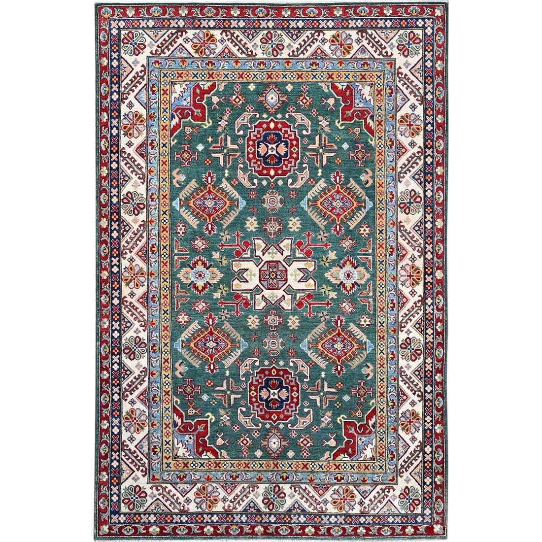 Green Kazak Design Motifs Hand Knotted Denser Weave Wool Oriental Rug: Title: Green Kazak Design Motifs Hand Knotted Denser Weave Wool Oriental Rug Description: This is a truly genuine one-of-a-kind. It has been Knotted for months and months in the centuries-old weaving