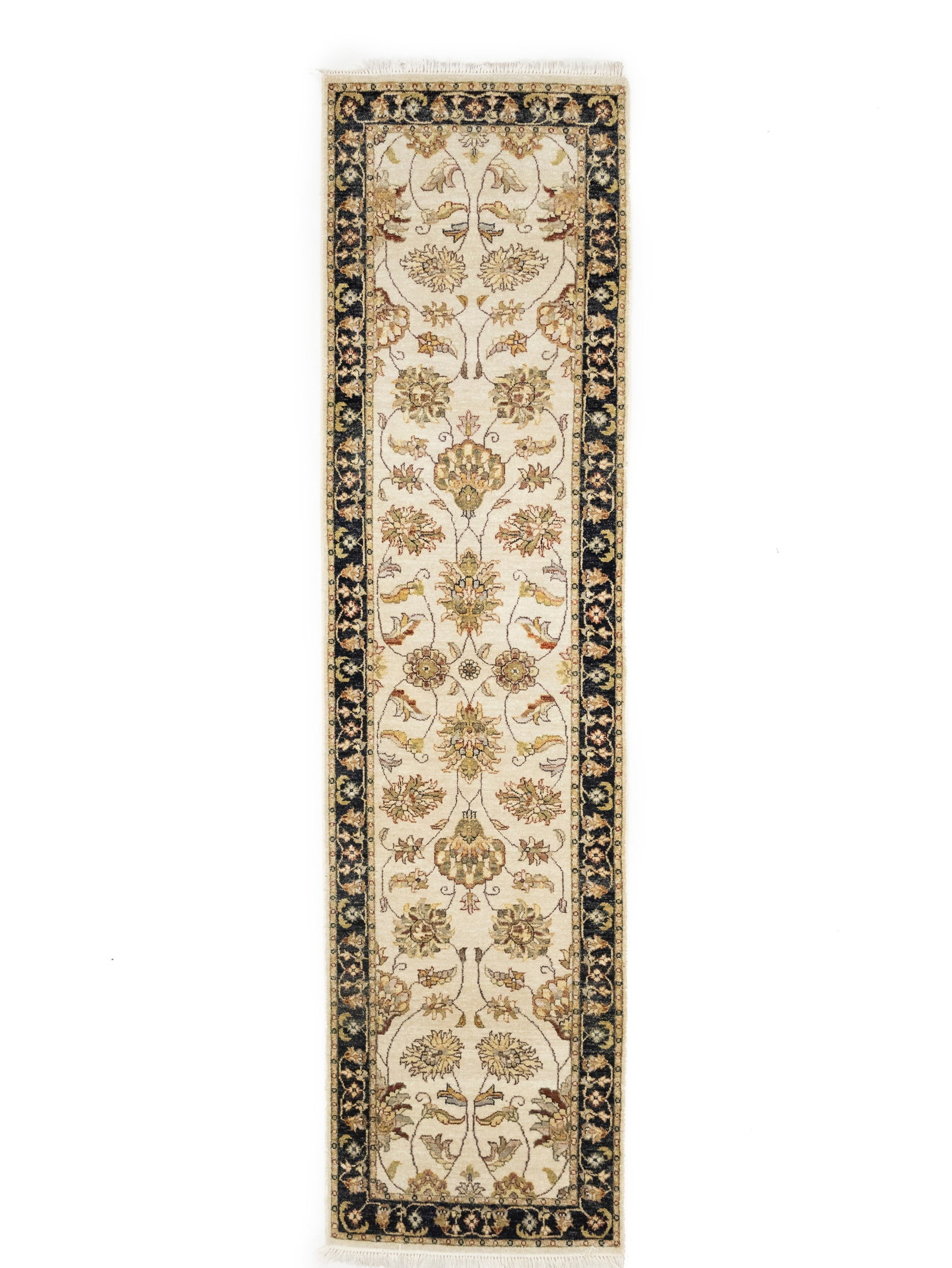 Cream Floral Classic 3X10 Agra Jaipur Oriental Runner Rug: Title: Cream Floral Classic 3X10 Agra Jaipur Oriental Runner Rug Description:Handmade 3X10 cream oriental runner rug made with vegetable dyes (fine wool pile and cotton foundation), exceptional knot c