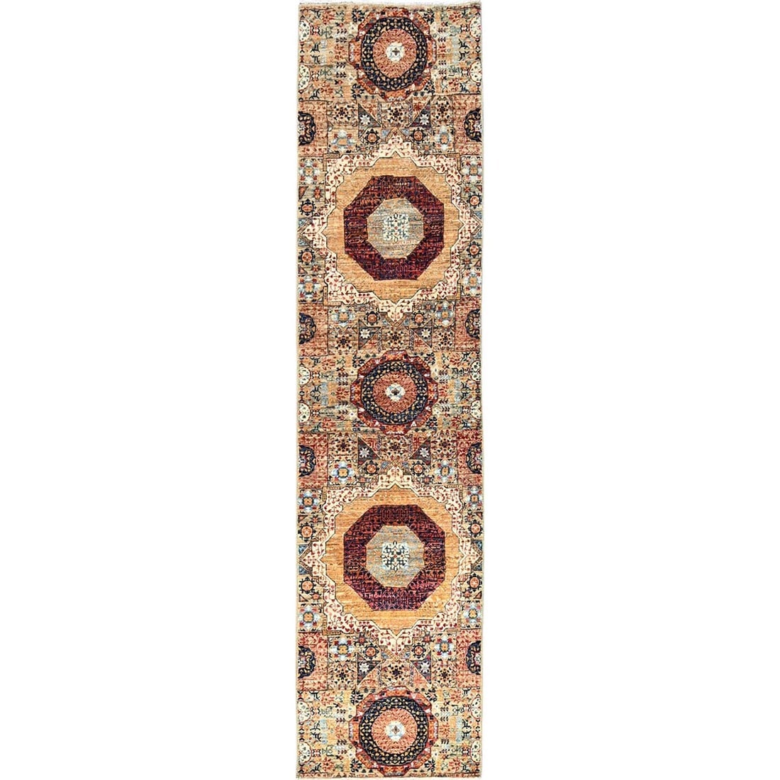 White, Mamluk Design, Soft Wool, Hand Knotted, Runner Oriental Rug: Title: White, Mamluk Design, Soft Wool, Hand Knotted, Runner Oriental RugDescription: This is a truly genuine one-of-a-kind. It has been Knotted for months and months in the centuries-old weaving