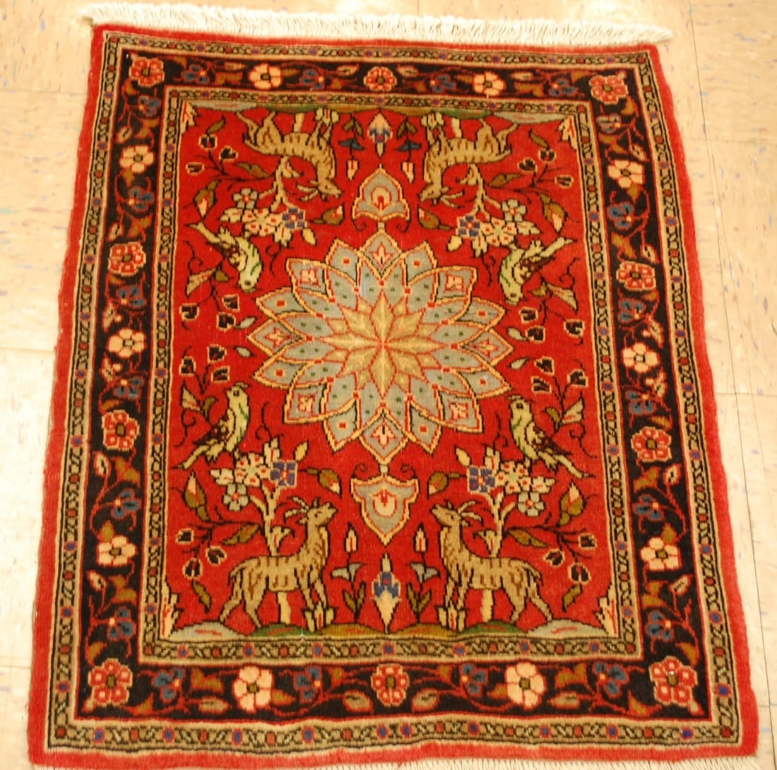 BIJAR RUG 2' x2'6": Title: BIJAR RUG 2' x2'6" Description:OLD, ANTIQUE HIGHLY DETAILED FINE AUTHENTIC HAND KNOTTED PERSIAN BIJAR RUG.........Highly detailed birds,animals design pattern surrounded by a beautifully