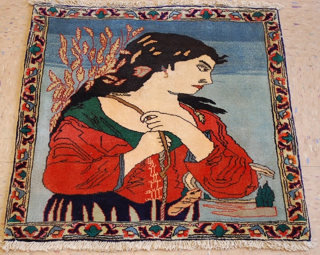 Persian BIJAR PICTORAL RUG 2.1x2.1: Title:Persian BIJAR PICTORAL RUG 2.1x2.1Description:OLD, ANTIQUE HIGHLY DETAILED CLASSIC VILLAGE WOVEN AUTHENTIC HAND KNOTTED Persian BIJAR PICTORAL RUG.....wool woven on cotton foundation with a