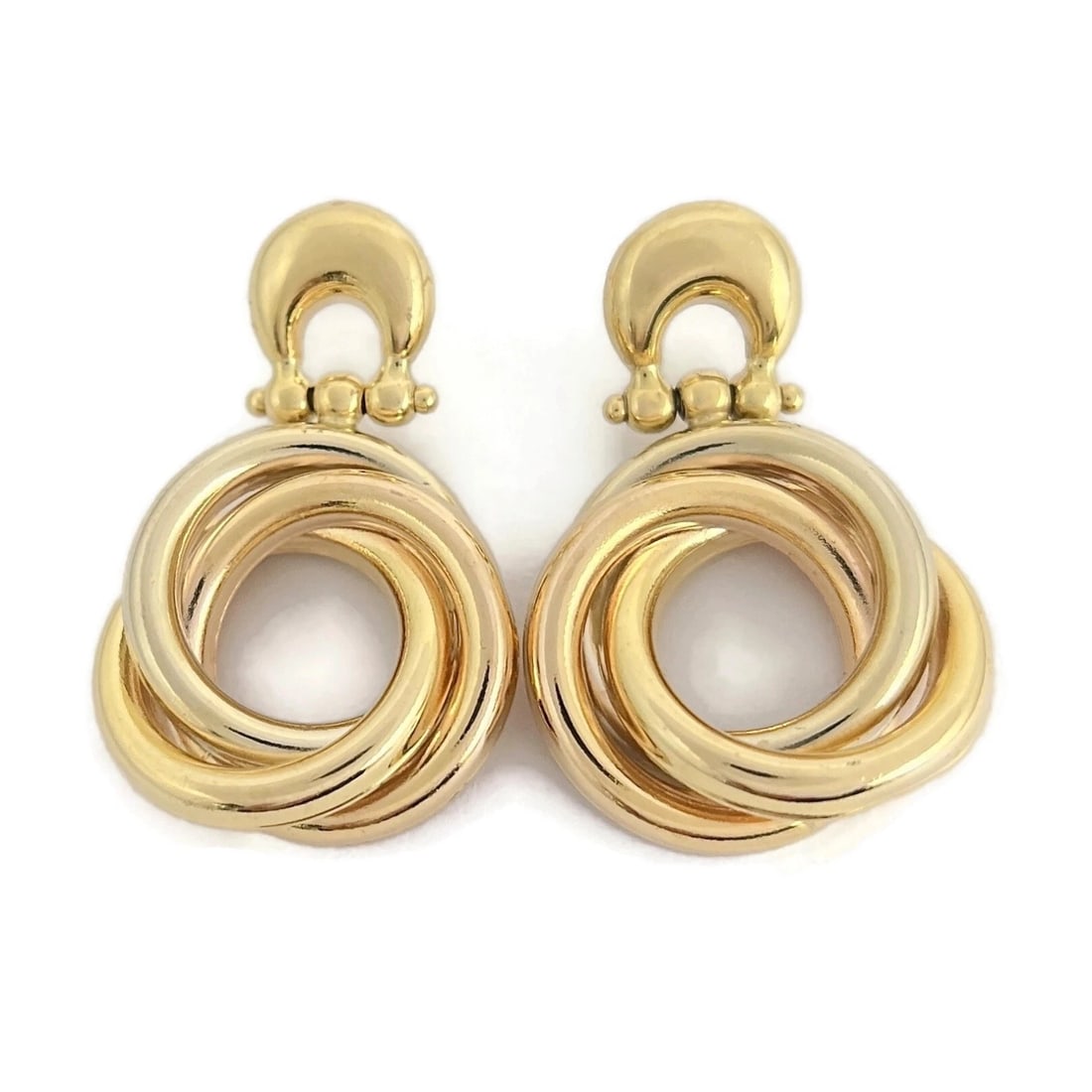 Vintage 1960's Tri-Color Knot Door Knocker Drop Earrings 18K Yellow Gold 9.88 Gr: Vintage 1960's Tri-Color Knot Door Knocker Drop Earrings 18K Yellow Gold 9.88 Grams These are beautiful vintage earrings! Please let us know if you have any questions. Circa: 1960's Metal: 18K yellow,