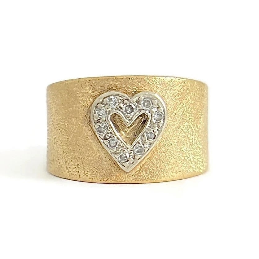 Vintage 1950's Wide Pave Diamond Heart Ring 14K Yellow Gold, 7.64 Grams: Vintage 1950's Wide Pave Diamond Heart Ring 14K Yellow Gold, 7.64 Grams This is a lovely ring! Any questions please do not hesitate to ask. Circa: 1950's Diamonds: 10 round single cuts, .05 ctw, H, I1