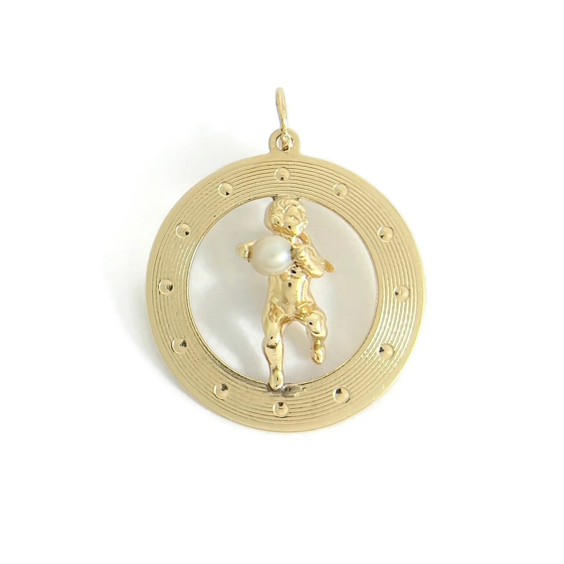 Vintage Cupid Cherub Pearl Necklace Pendant Charm 14K Yellow Gold, 6.56 Grams: Vintage Cupid Cherub Pearl Necklace Pendant Charm 14K Yellow Gold, 6.56 Grams This is a lovely pendant that can be worn on the necklace or bracelet chain of your choice. Please let us know if you have