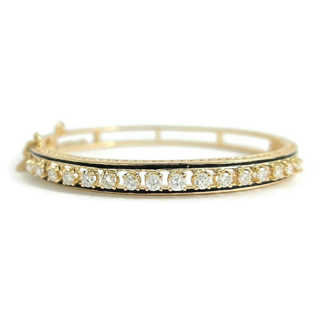 Vintage 1960's Diamond Black Enamel Bangle Bracelet 14K Yellow Gold, 19.16 Grams (1 of 10)