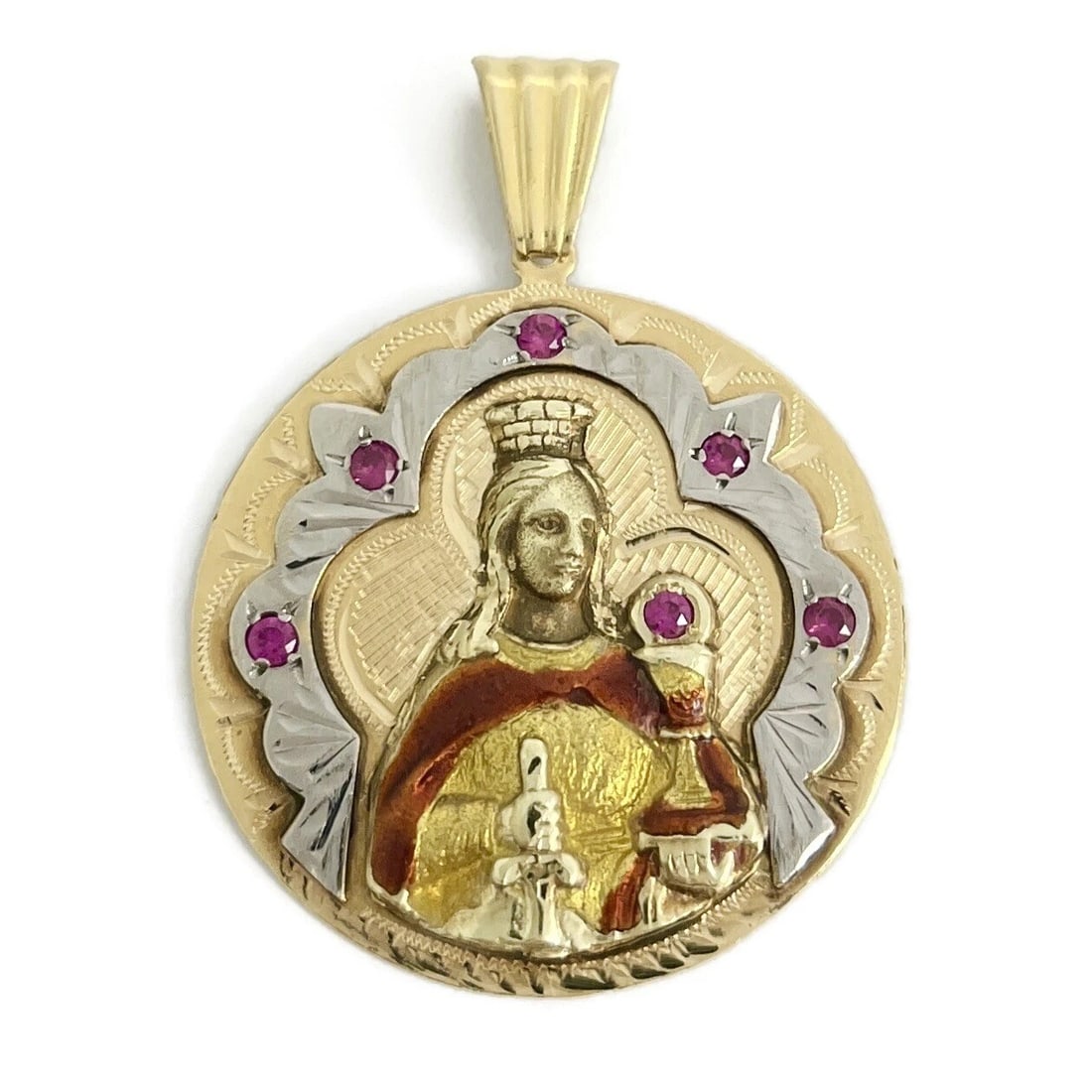 Vintage Simulated Ruby Round Saint Necklace Pendant 18K Yellow Gold, 12.49 Grams: Vintage Simulated Ruby Round Saint Necklace Pendant 18K Yellow Gold, 12.49 Grams Make a statement with this necklace pendant. Please let us know if you have any questions. Gemstones: 6 round simulated
