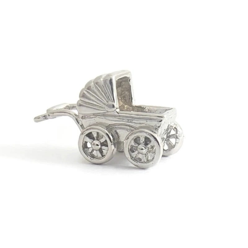 Vintage Baby Carriage Buggy Pram Bracelet Charm Pendant 14K White Gold, 3.61 Gr: Vintage Baby Carriage Buggy Pram Necklace Pendant Charm 14K White Gold, 3.61 Gr This is a gorgeous bracelet charm that could also be worn as a necklace pendant. Please let us know if you have any ques
