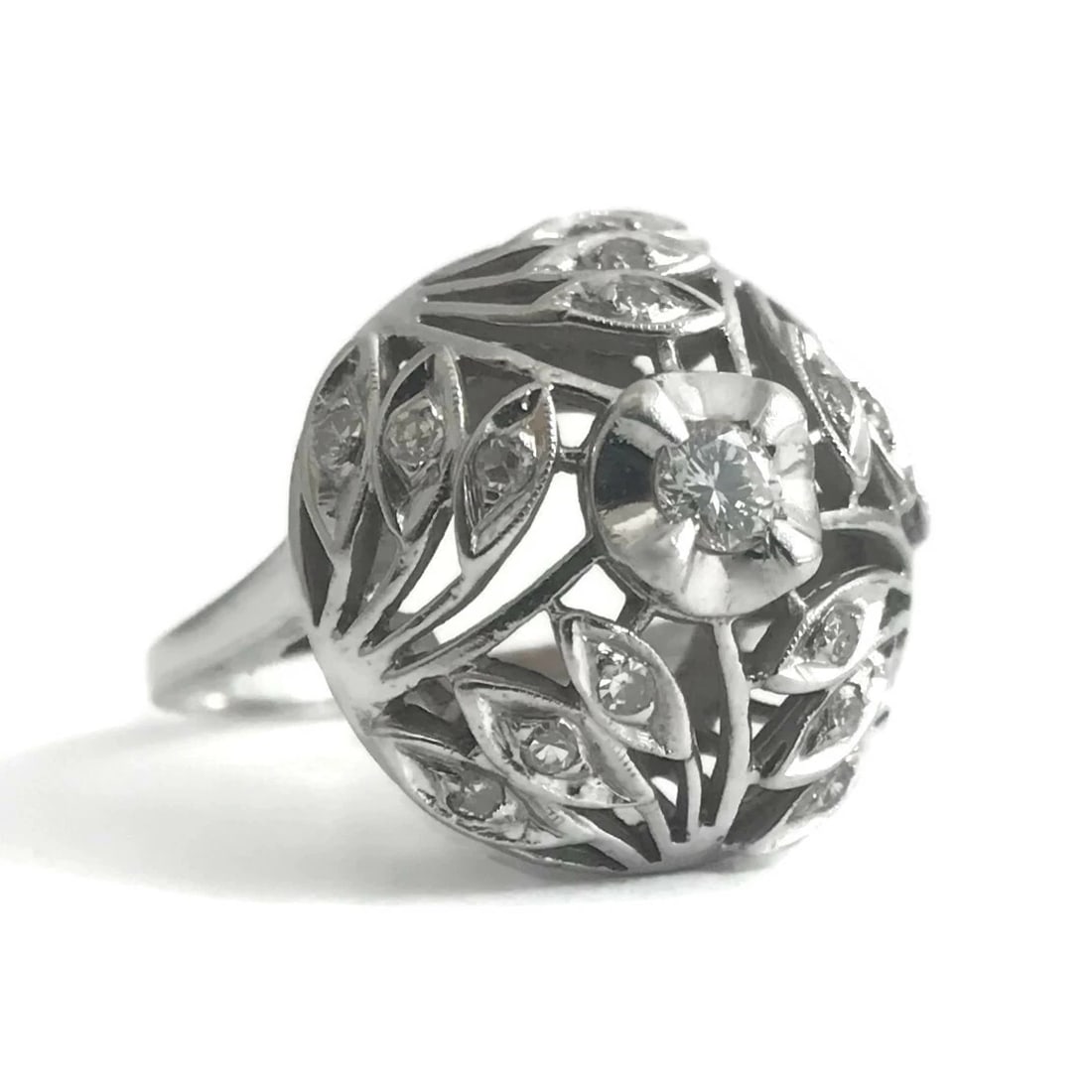 Vintage 1940's Diamond Filigree Dome Cocktail Ring 12K White Gold, 6.69 Grams: Vintage 1940's Diamond Filigree Dome Cocktail Ring 12K White Gold, 6.69 Grams This is a unique, beautiful statement ring! Any questions please do not hesitate to ask. Circa: 1940's Diamonds: 16 rounds