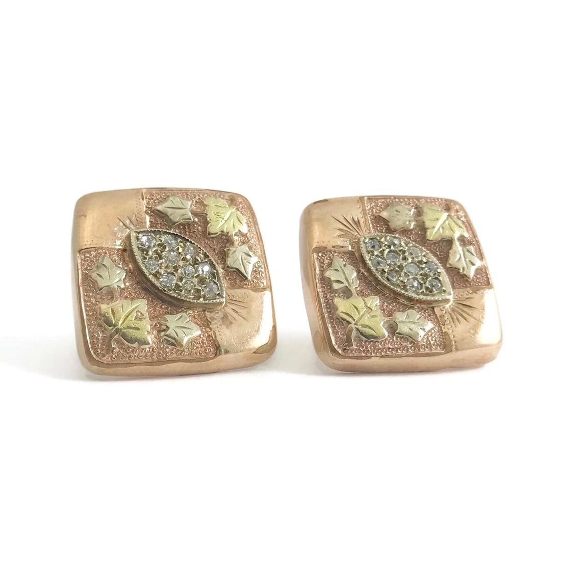 Vintage 1950's Diamond Leaf Square Button Stud Earrings 10K Rose Gold, 9.51 Gram: Vintage 1950's Diamond Leaf Square Button Stud Earrings 14K Rose Gold, 9.51 Grams These are beautiful vintage earrings that will look great on any ears. Please let us know if you have any questions. C