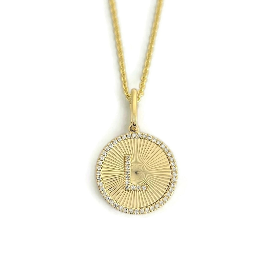 Letter L Initial Diamond Fluted Disc Pendant Necklace 14K Yellow Gold .12 CTW: Letter L Initial Diamond Fluted Disc Pendant Necklace 14K Yellow Gold .12 CTW Make a statement with this beautiful necklace. Please let us know if you have any questions :) Diamonds: 55 round cuts .12