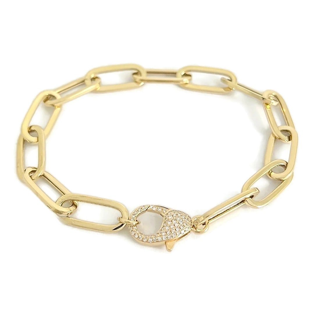 Pave Diamond Clasp Paperclip Chain Link Bracelet 14K Yellow Gold, .15 CTW: Pave Diamond Clasp Paperclip Chain Link Bracelet 14K Yellow Gold, .15 CTW This is a gorgeous bracelet that looks great stacked! Please let us know if you have any questions :) Diamonds: 60 round cuts,