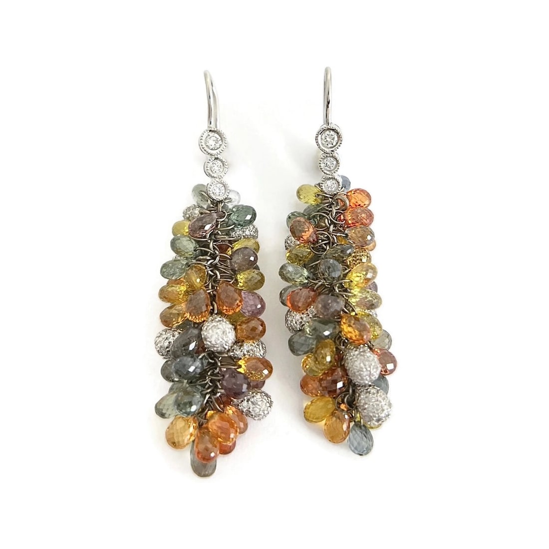 Multicolored Sapphire Diamond Dangle Drop Earrings 18K White Gold, 47.95 CTW (1 of 5)